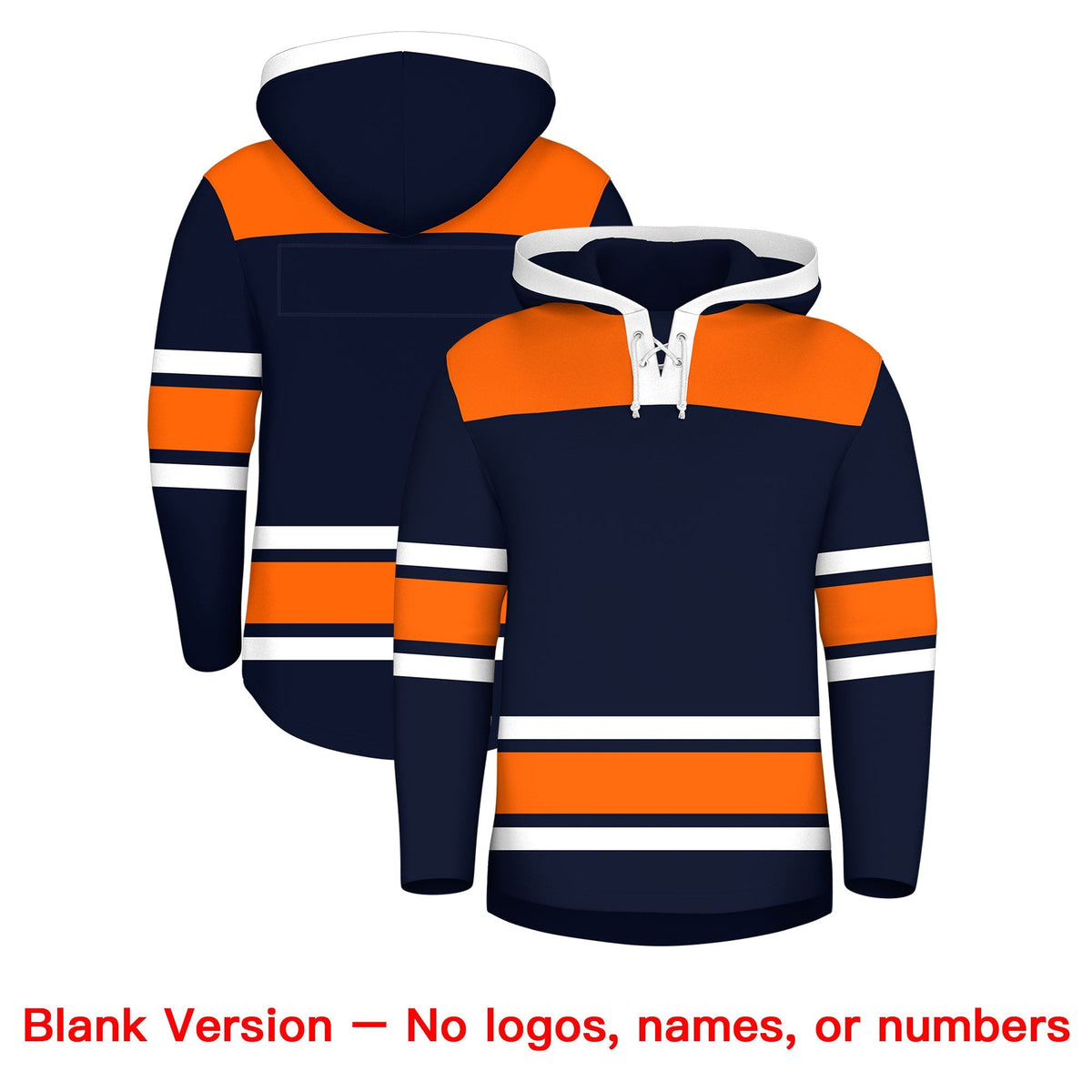 Custom Hockey Hoodie Jersey Navy Orange Raglan Sleeves Lace-Up Neck Personal Name &amp; Number &amp; Logo