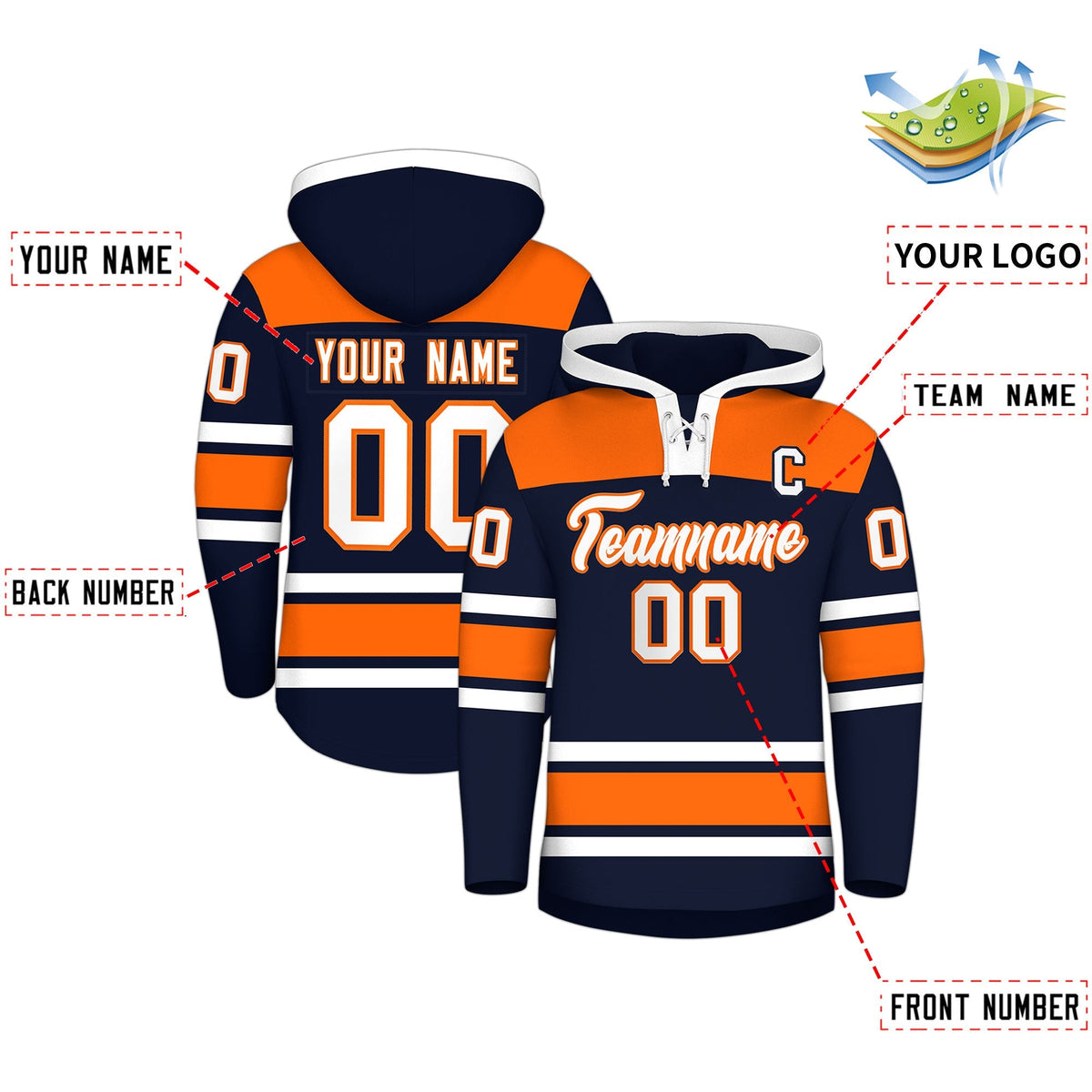 Custom Hockey Hoodie Jersey Navy Orange Raglan Sleeves Lace-Up Neck Personal Name &amp; Number &amp; Logo