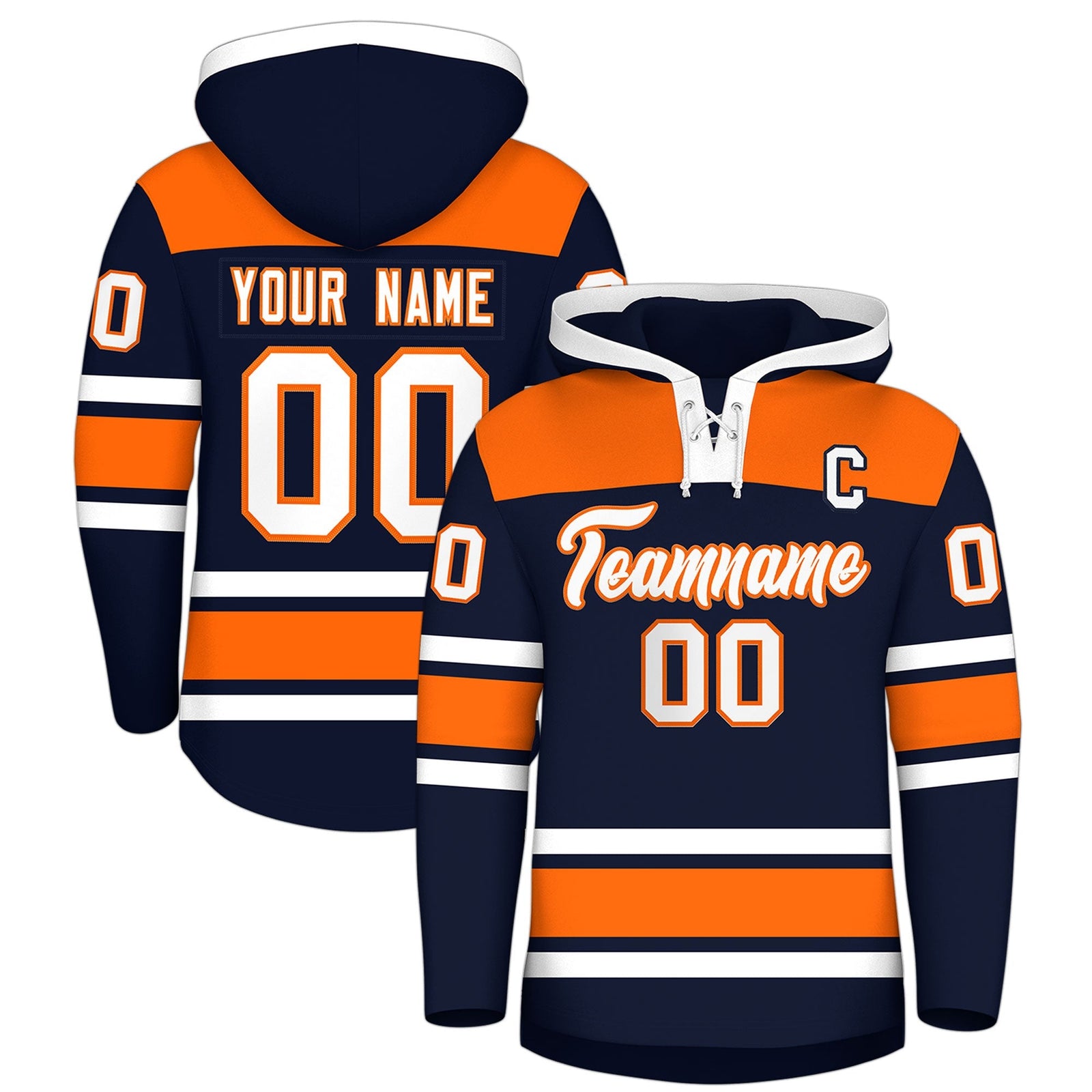Custom Hockey Hoodie Jersey Navy Orange Raglan Sleeves Lace-Up Neck Personal Name & Number & Logo
