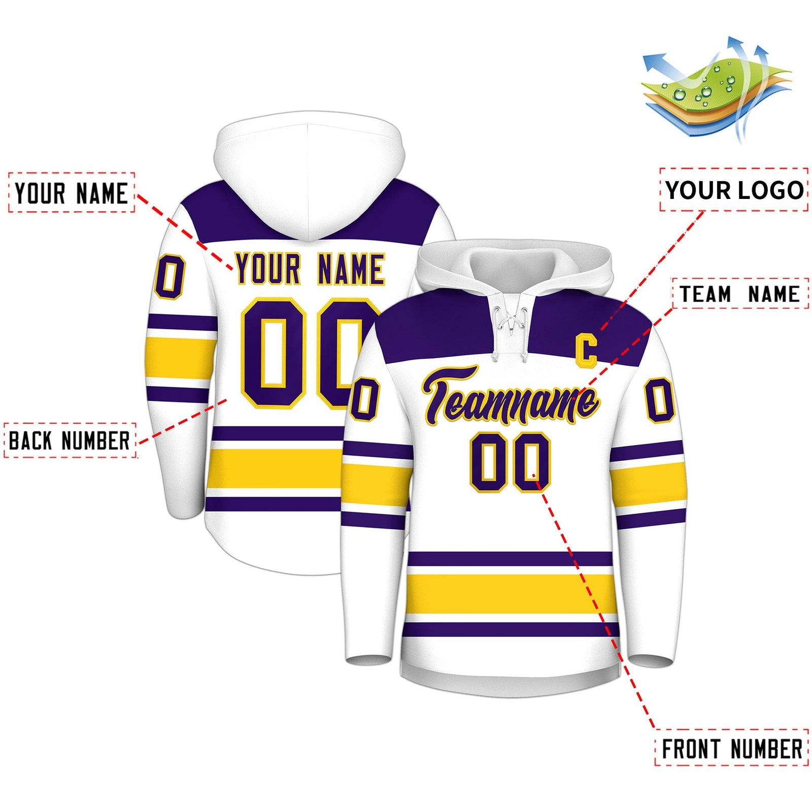 Custom Hockey Hoodie Jersey White Gold Raglan Sleeves Lace-Up Neck Personal Name & Number & Logo