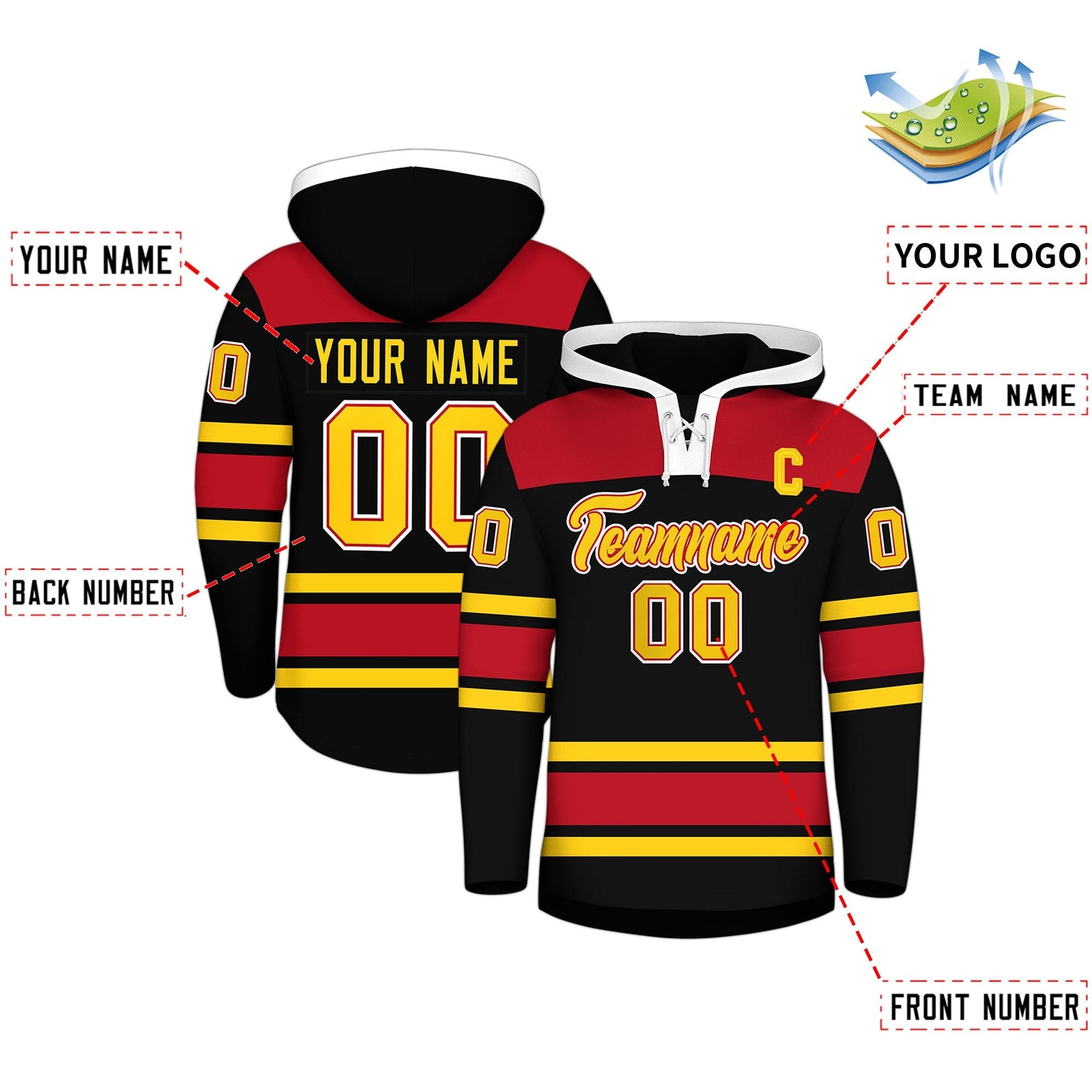Custom Hockey Hoodie Jersey Black Red Raglan Sleeves Lace-Up Neck Personal Name & Number & Logo