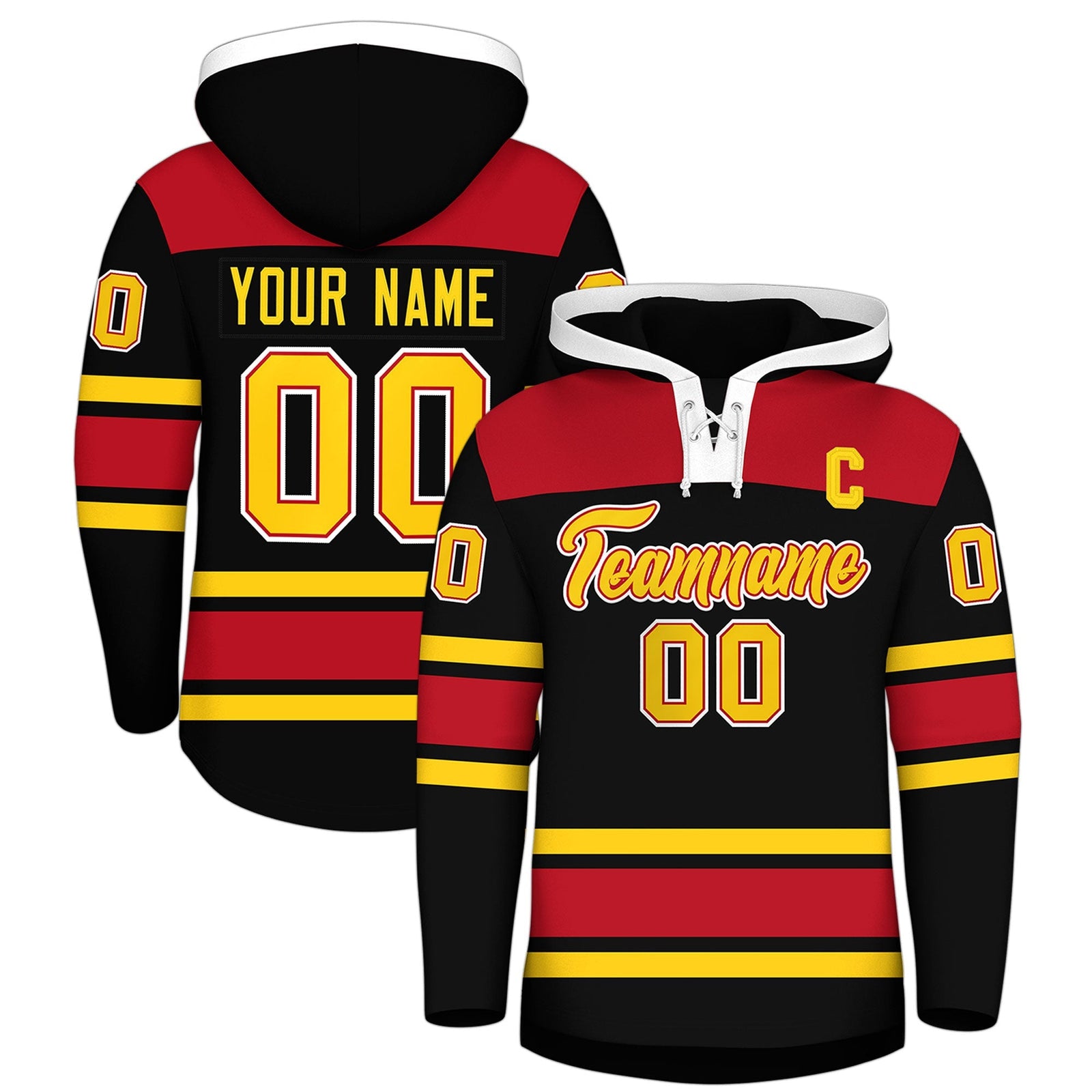 Custom Hockey Hoodie Jersey Black Red Raglan Sleeves Lace-Up Neck Personal Name & Number & Logo