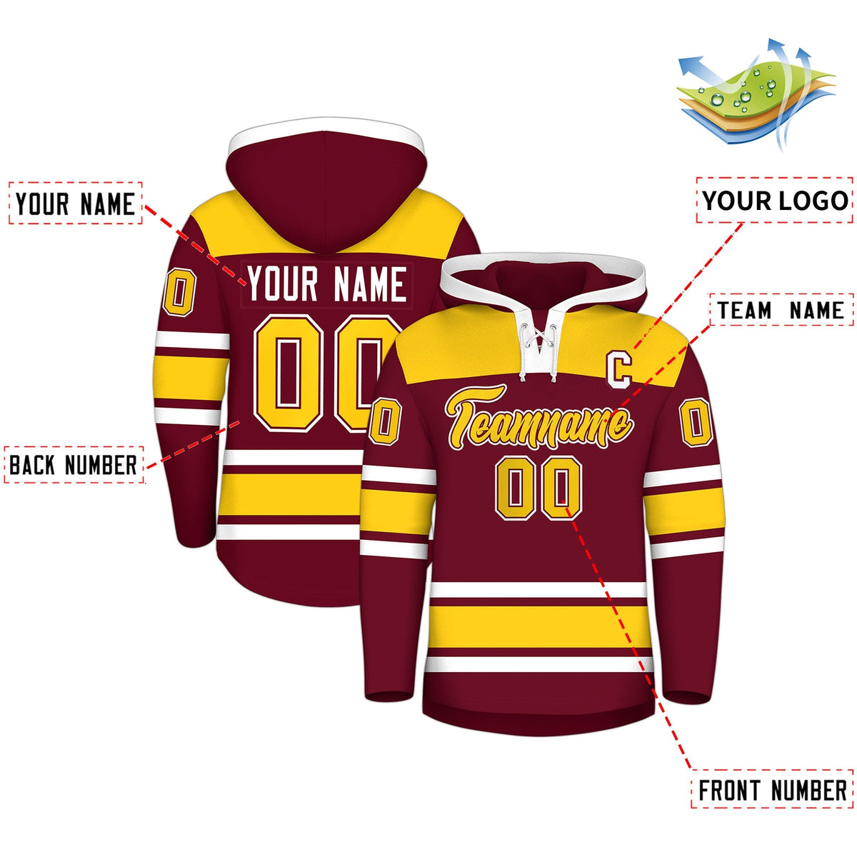 Custom Hockey Hoodie Jersey Crimson Gold Raglan Sleeves Lace-Up Neck Personalized Jersey for Men &amp; Youth