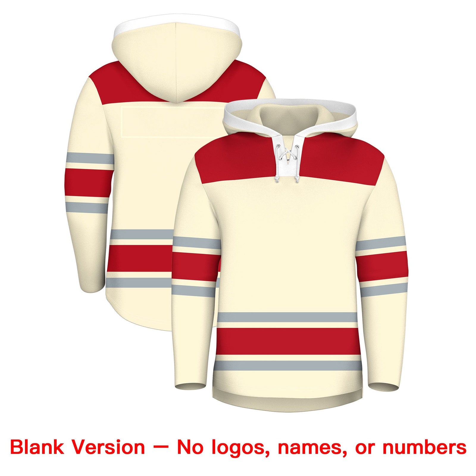 Custom Hockey Hoodie Jersey Cream Red Raglan Sleeves Lace-Up Neck Personal Name & Number & Logo