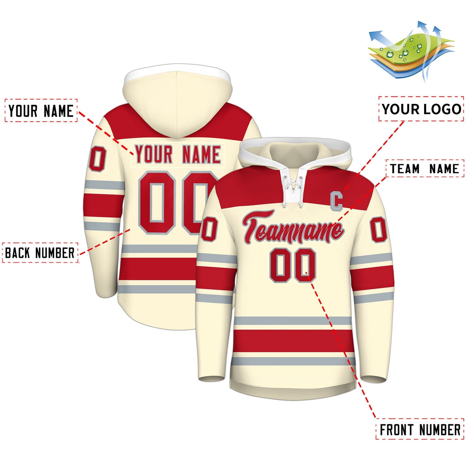 Custom Hockey Hoodie Jersey Cream Red Raglan Sleeves Lace-Up Neck Personal Name & Number & Logo