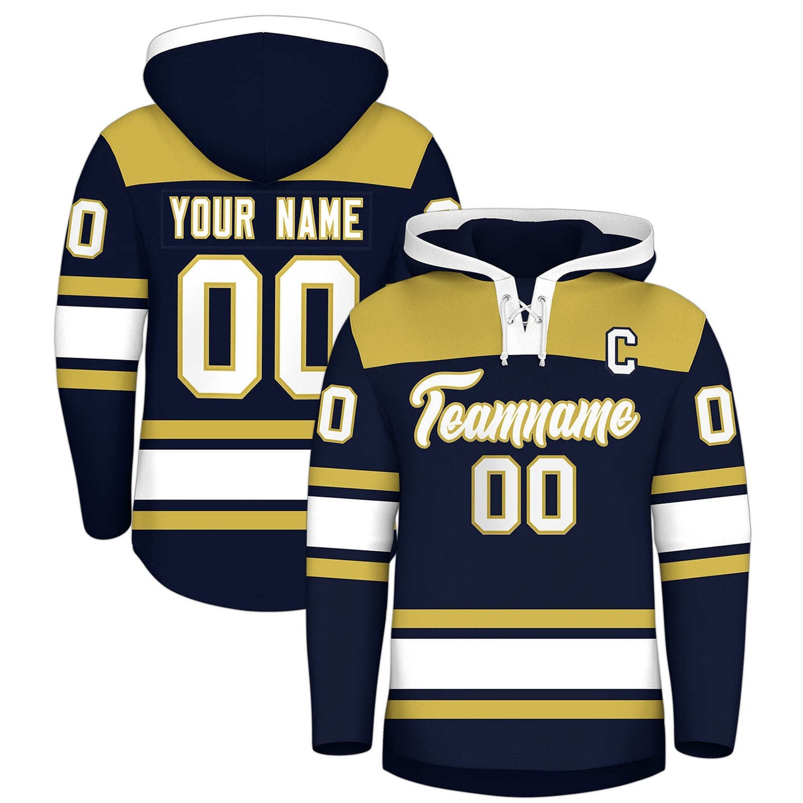 Custom Hockey Hoodie Jersey Navy Old Gold Raglan Sleeves Lace-Up Neck Personalized Jersey for Men & Youth