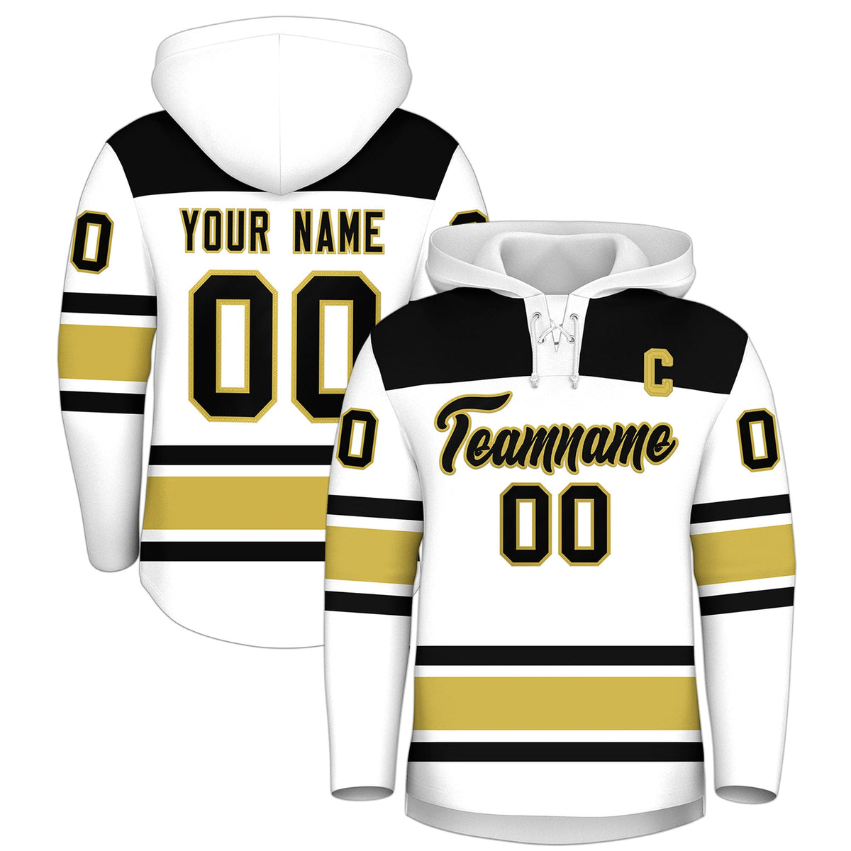 Custom Hockey Hoodie Jersey White Old Gold Raglan Sleeves Lace-Up Neck Classic Team Colors Hoodie