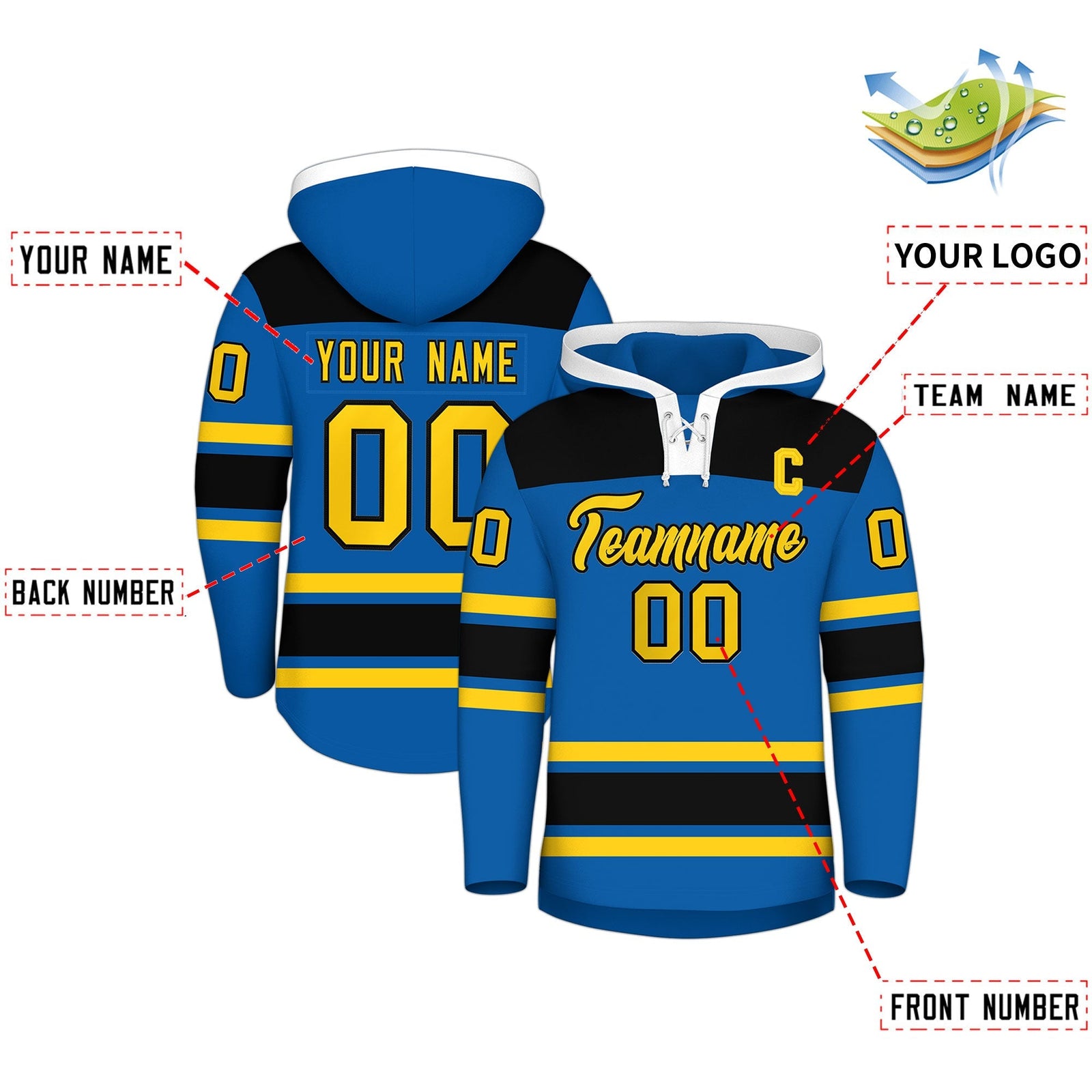 Custom Hockey Hoodie Jersey Royal Black Raglan Sleeves Lace-Up Neck Personalized Jersey for Men & Youth