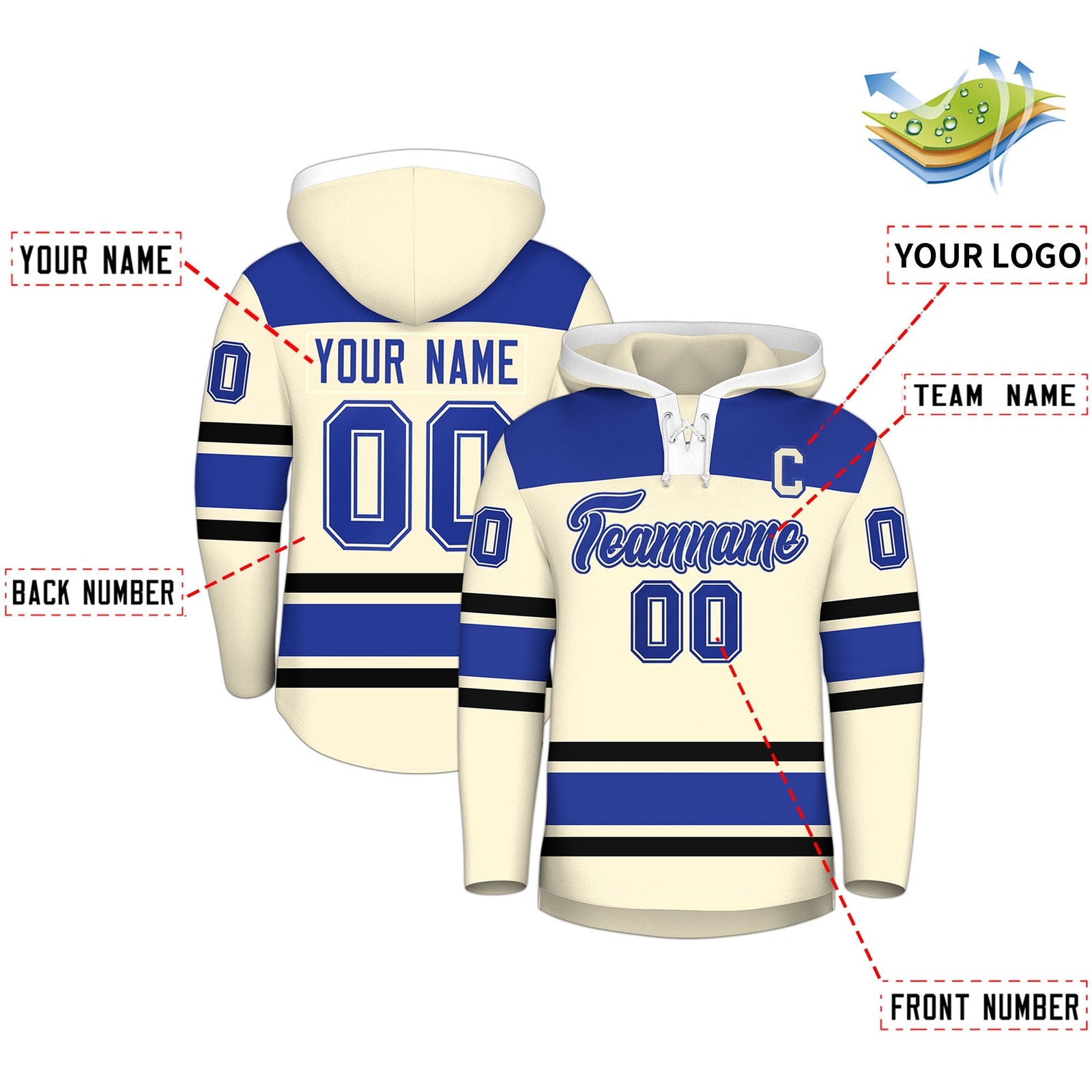 Custom Hockey Hoodie Jersey Cream Royal Blue Raglan Sleeves Lace-Up Neck Personal Name & Number & Logo