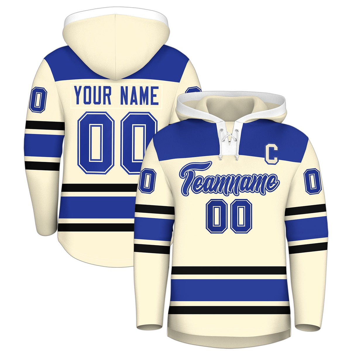 Custom Hockey Hoodie Jersey Cream Royal Blue Raglan Sleeves Lace-Up Neck Personal Name &amp; Number &amp; Logo