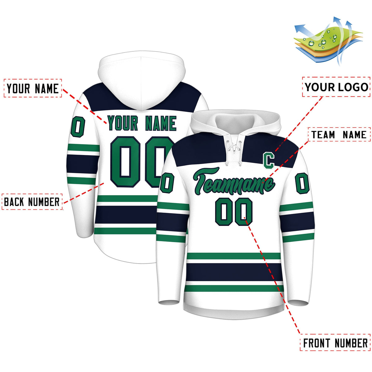 Custom Hockey Hoodie Jersey White Navy Raglan Sleeves Lace-Up Neck Classic Team Colors Hoodie