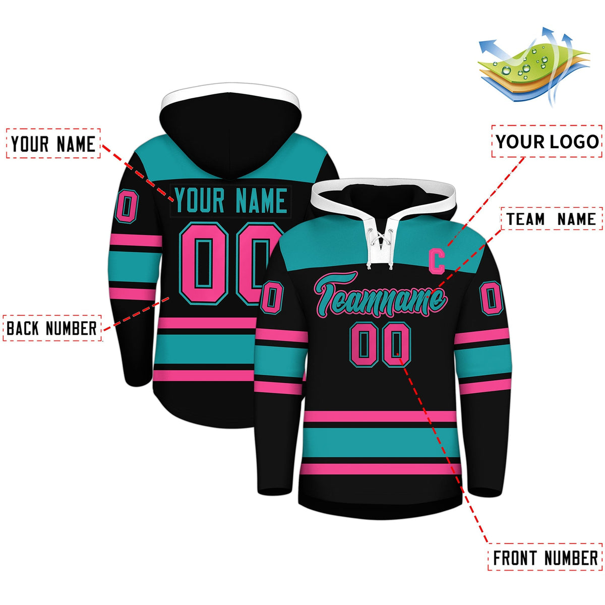 Custom Hockey Hoodie Jersey Black Aqua Raglan Sleeves Lace-Up Neck Personalized Jersey for Men &amp; Youth