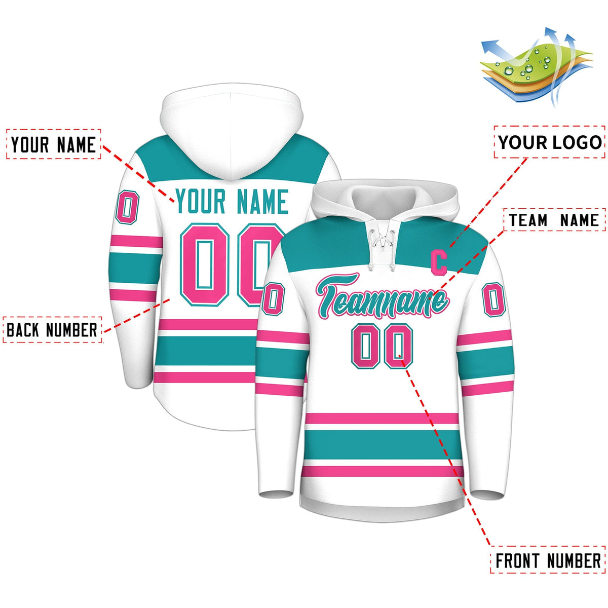 Custom Hockey Hoodie Jersey White Aqua Raglan Sleeves Lace-Up Neck Personal Name &amp; Number &amp; Logo
