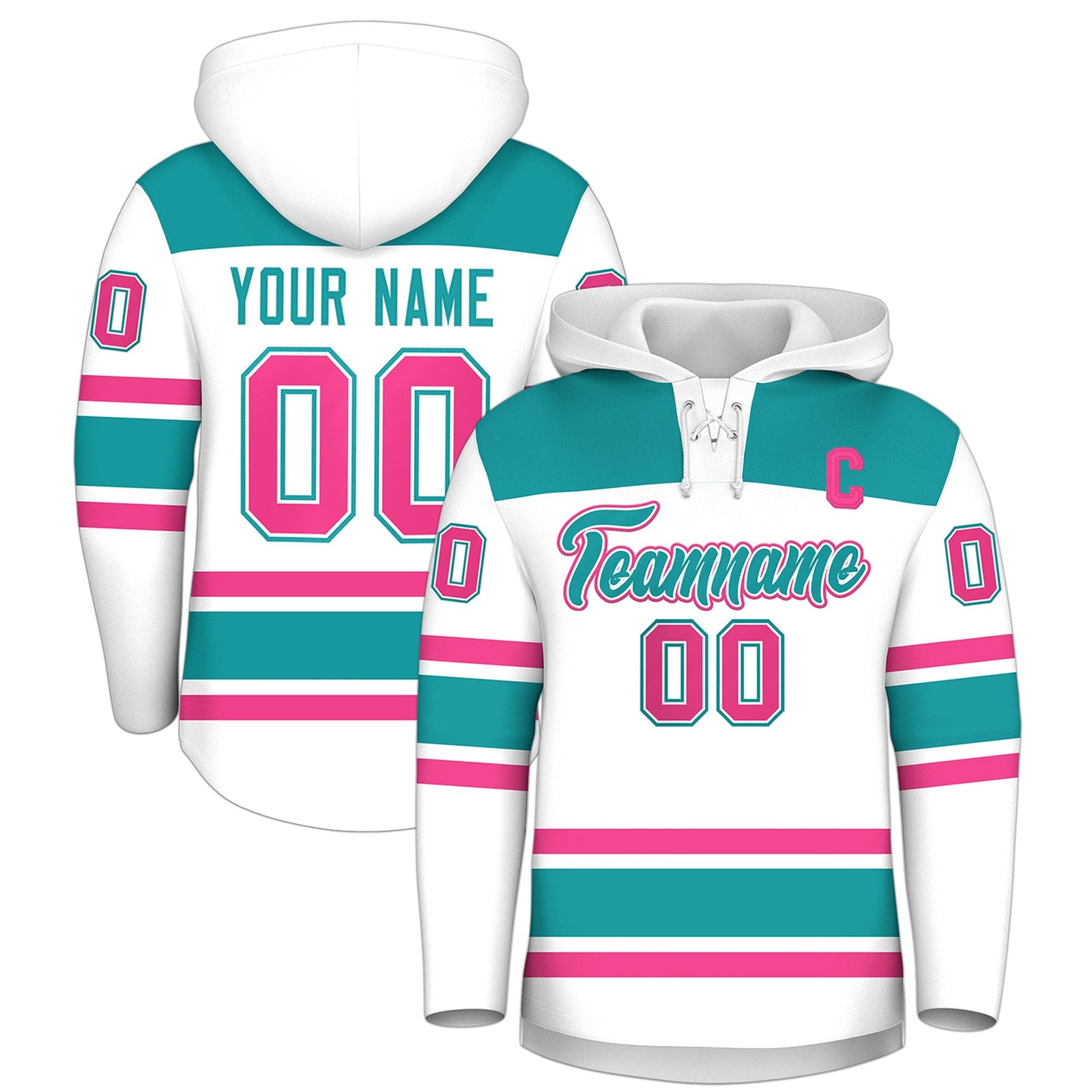 Custom Hockey Hoodie Jersey White Aqua Raglan Sleeves Lace-Up Neck Personal Name & Number & Logo