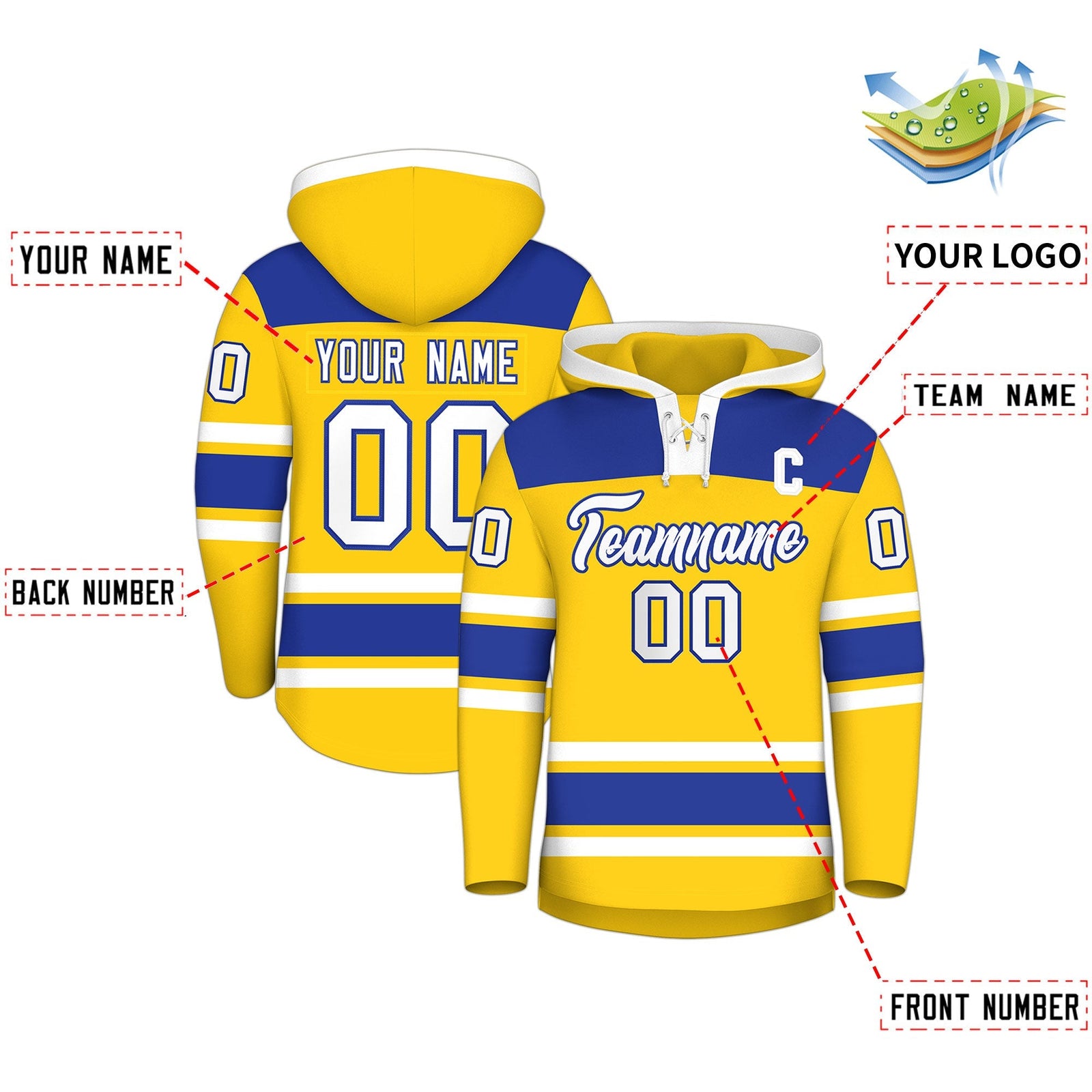 Custom Hockey Hoodie Jersey Gold Royal Blue Raglan Sleeves Lace-Up Neck Personalized Jersey for Men & Youth