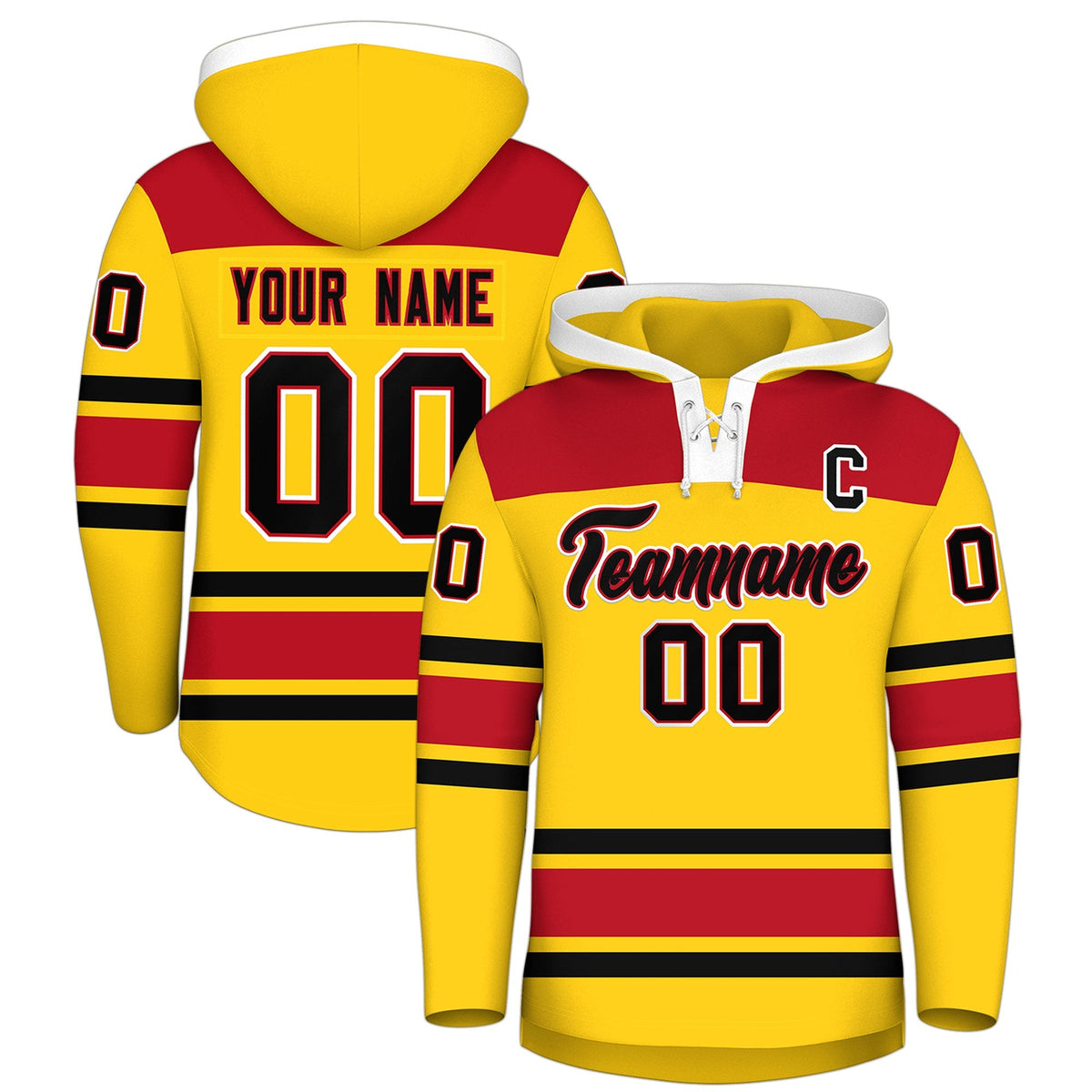 Custom Hockey Hoodie Jersey Gold Red Raglan Sleeves Lace-Up Neck Personal Name &amp; Number &amp; Logo