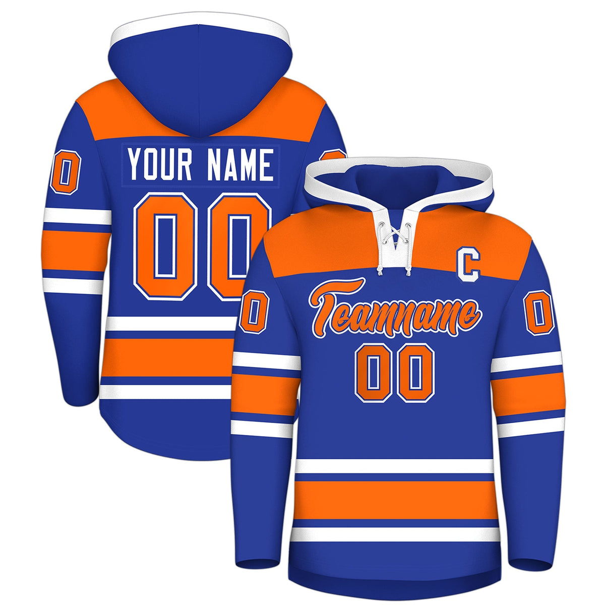 Custom Hockey Hoodie Jersey Royal Blue Orange Raglan Sleeves Lace-Up Neck Personal Name &amp; Number &amp; Logo