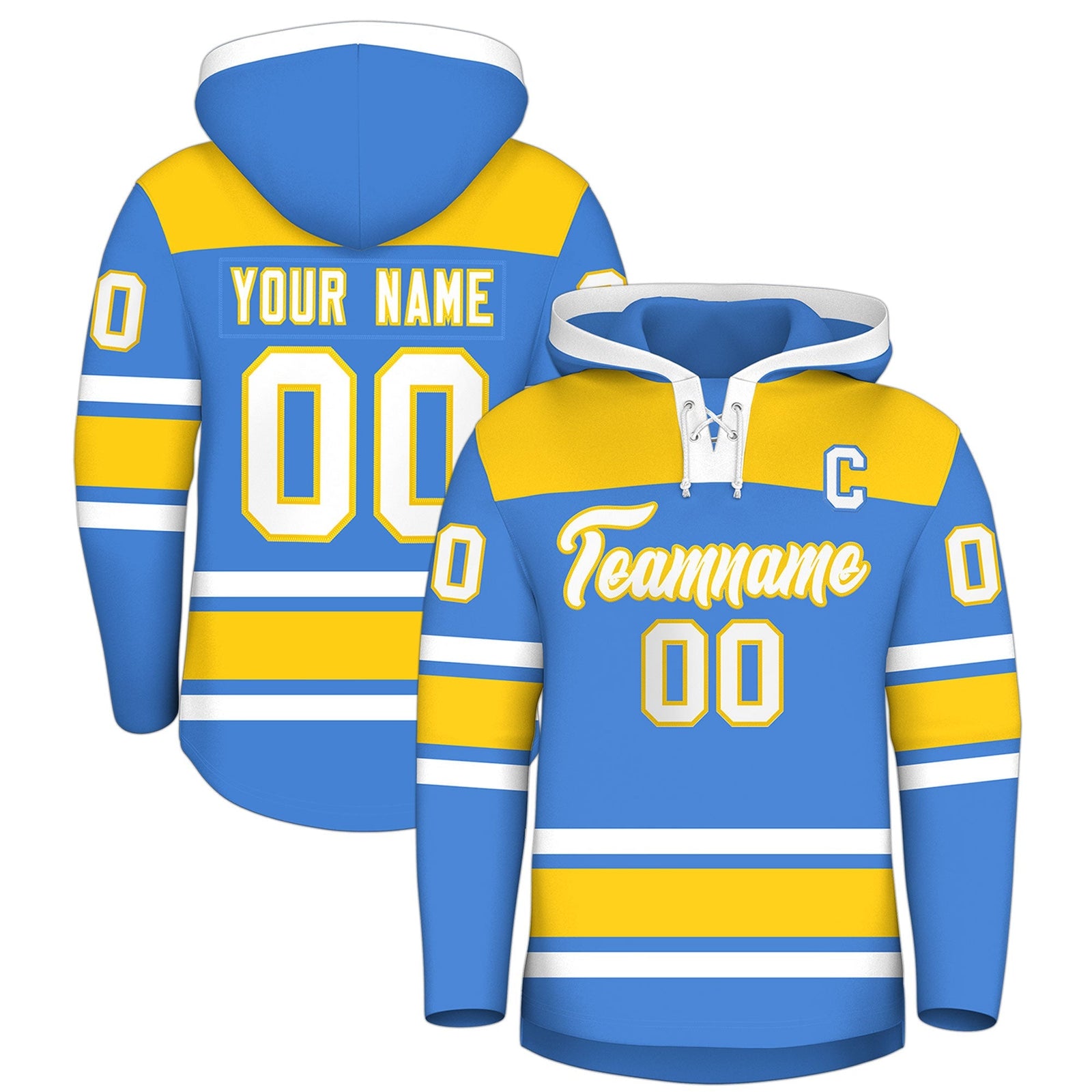 Custom Hockey Hoodie Jersey Powder Blue Gold Raglan Sleeves Lace-Up Neck Classic Team Colors Hoodie
