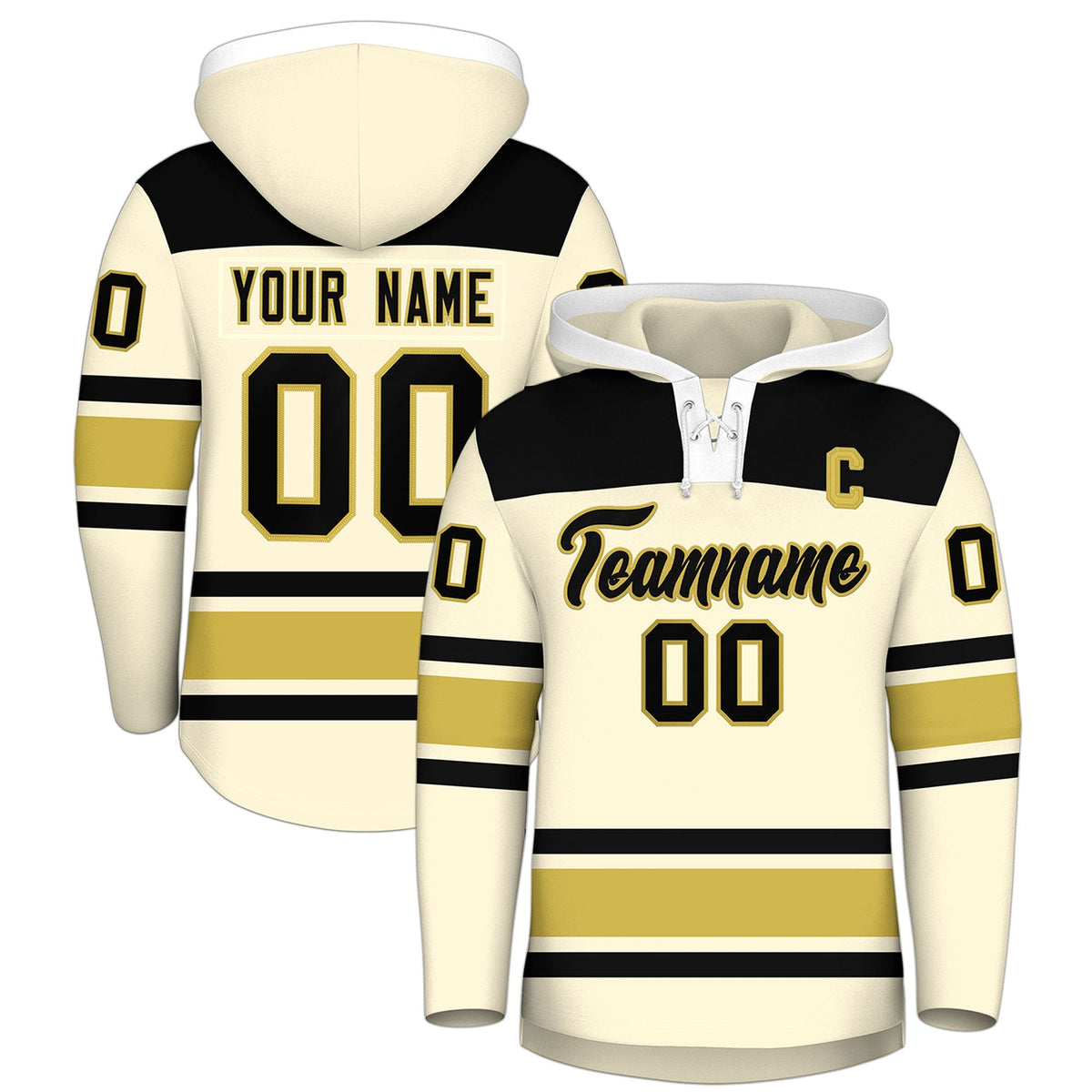 Custom Hockey Hoodie Jersey Cream Old Gold Raglan Sleeves Lace-Up Neck Personal Name &amp; Number &amp; Logo