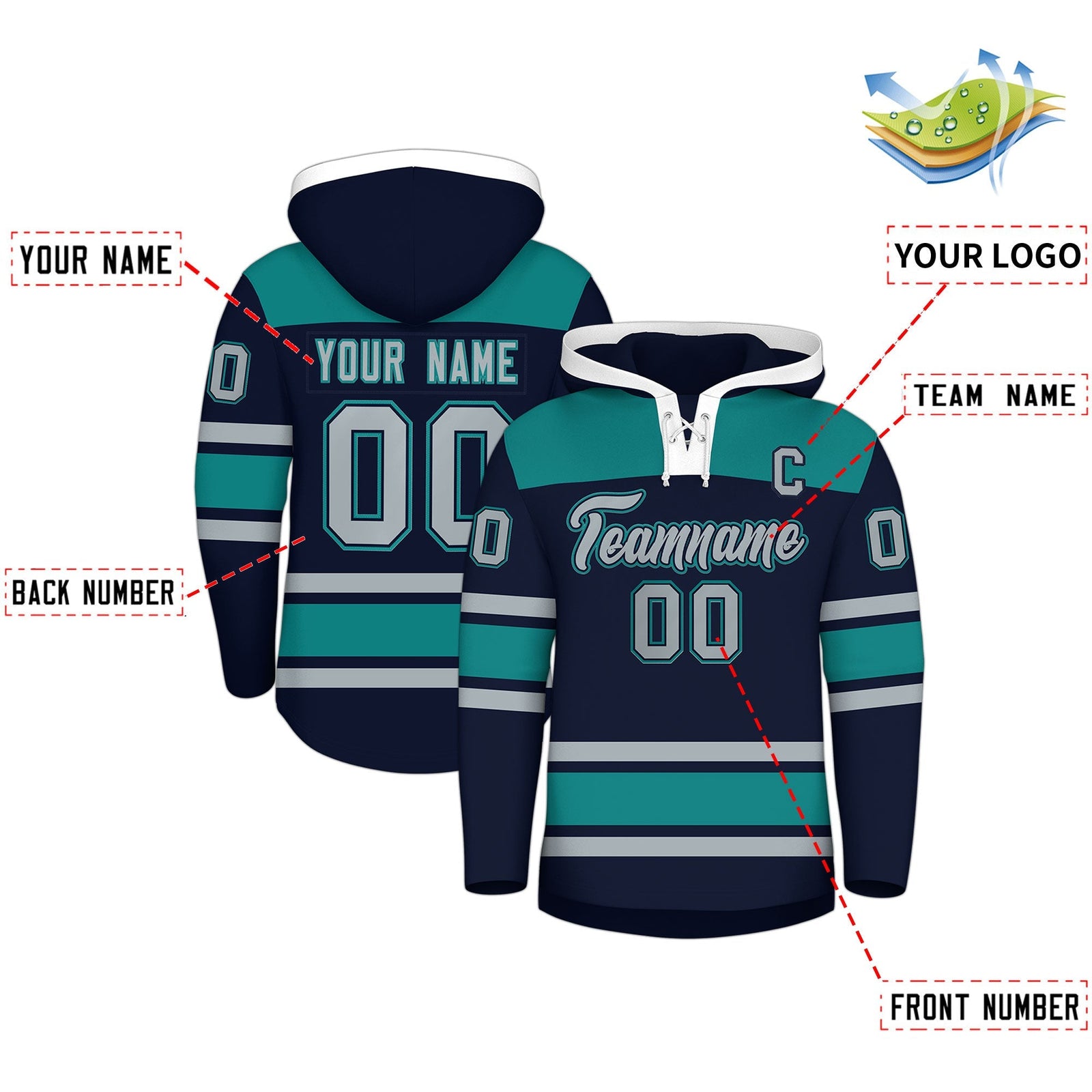 Custom Hockey Hoodie Jersey Navy Teal Raglan Sleeves Lace-Up Neck Classic Team Colors Hoodie