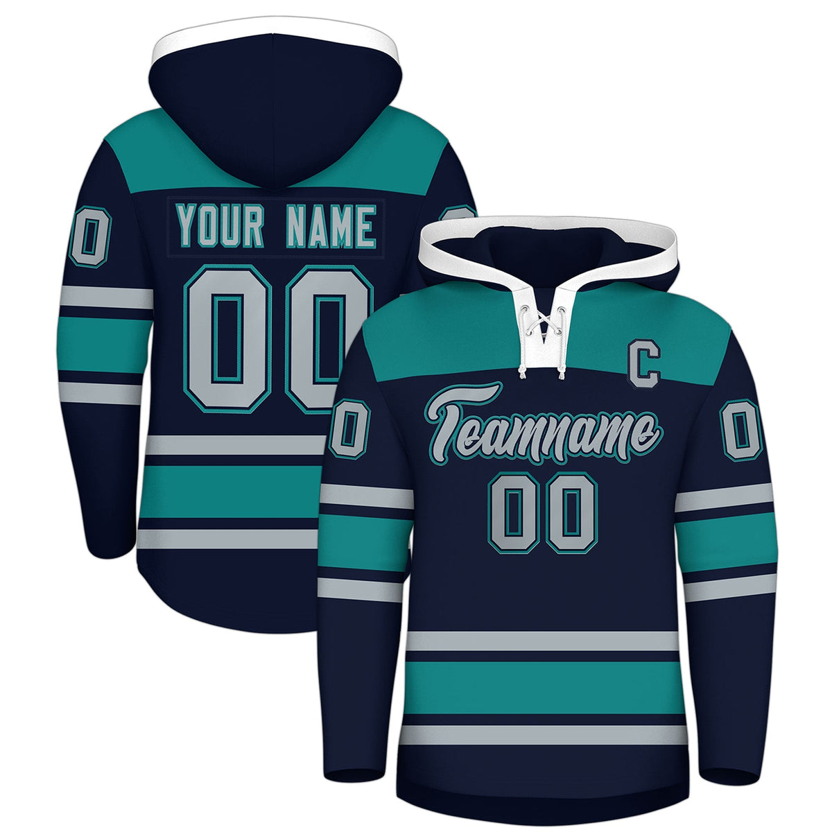 Custom Hockey Hoodie Jersey Navy Teal Raglan Sleeves Lace-Up Neck Classic Team Colors Hoodie