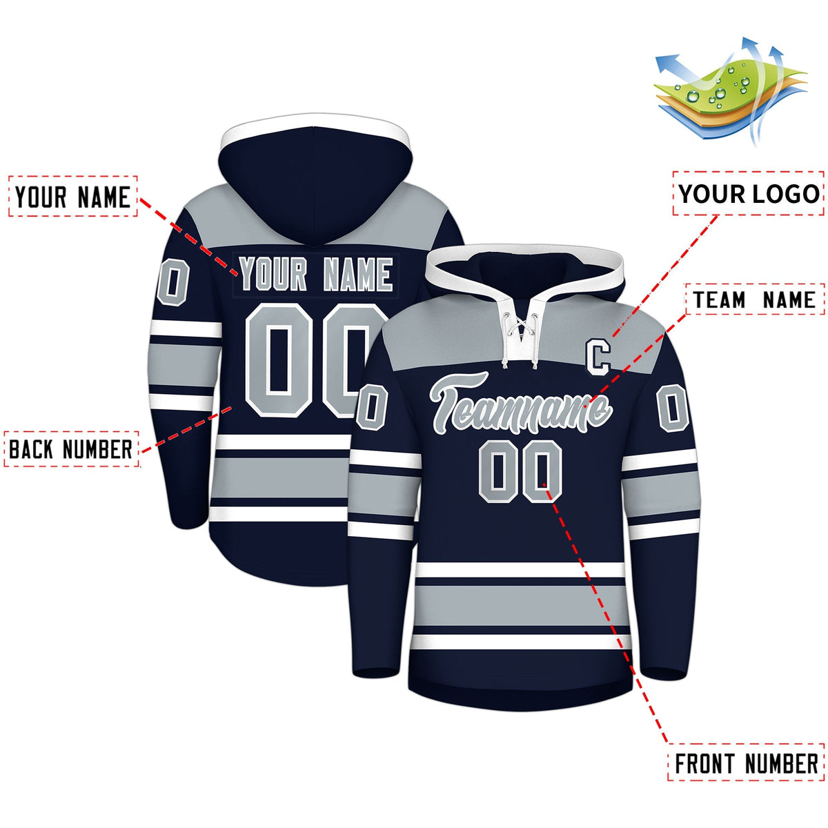 Custom Hockey Hoodie Jersey Navy Silver Raglan Sleeves Lace-Up Neck Personalized Jersey for Men &amp; Youth