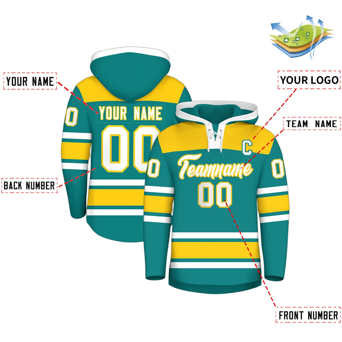 Custom Hockey Hoodie Jersey Teal Gold Raglan Sleeves Lace-Up Neck Personal Name &amp; Number &amp; Logo