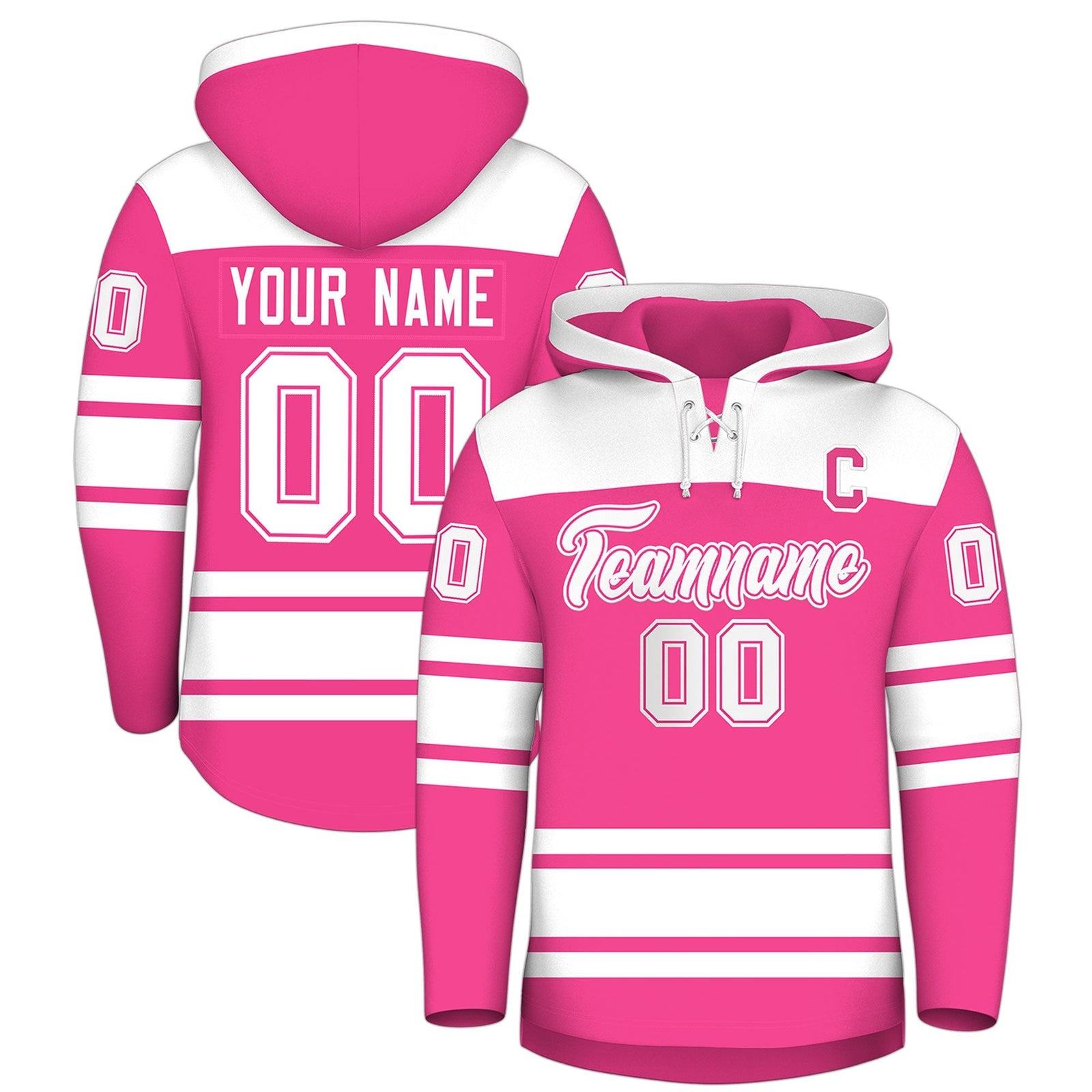 Custom Hockey Hoodie Jersey Pink White Raglan Sleeves Lace-Up Neck Personalized Jersey for Men & Youth