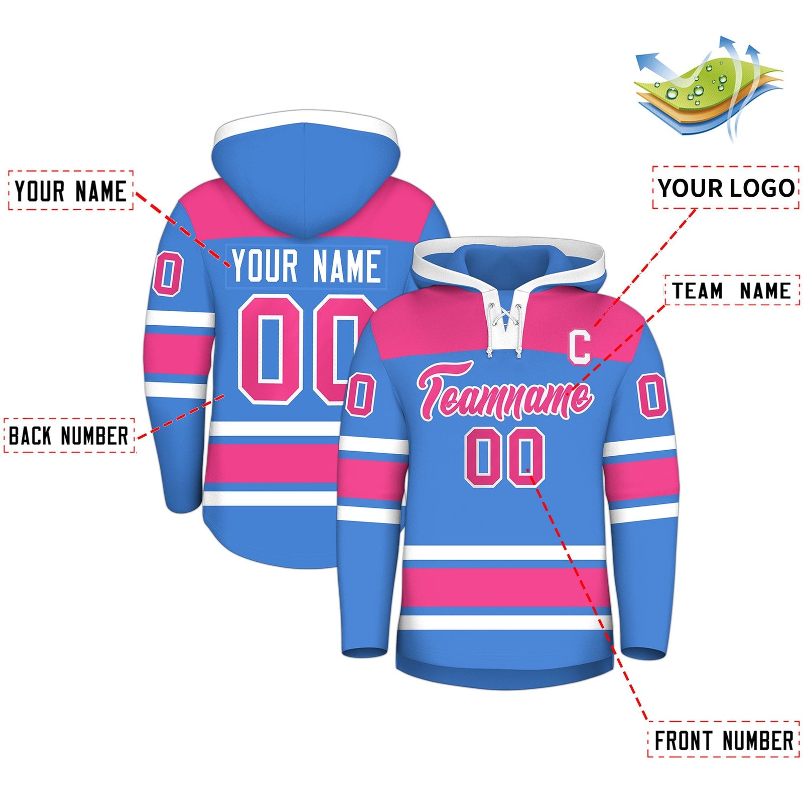 Custom Hockey Hoodie Jersey Powder Blue Raglan Sleeves Lace-Up Neck Personal Name & Number & Logo