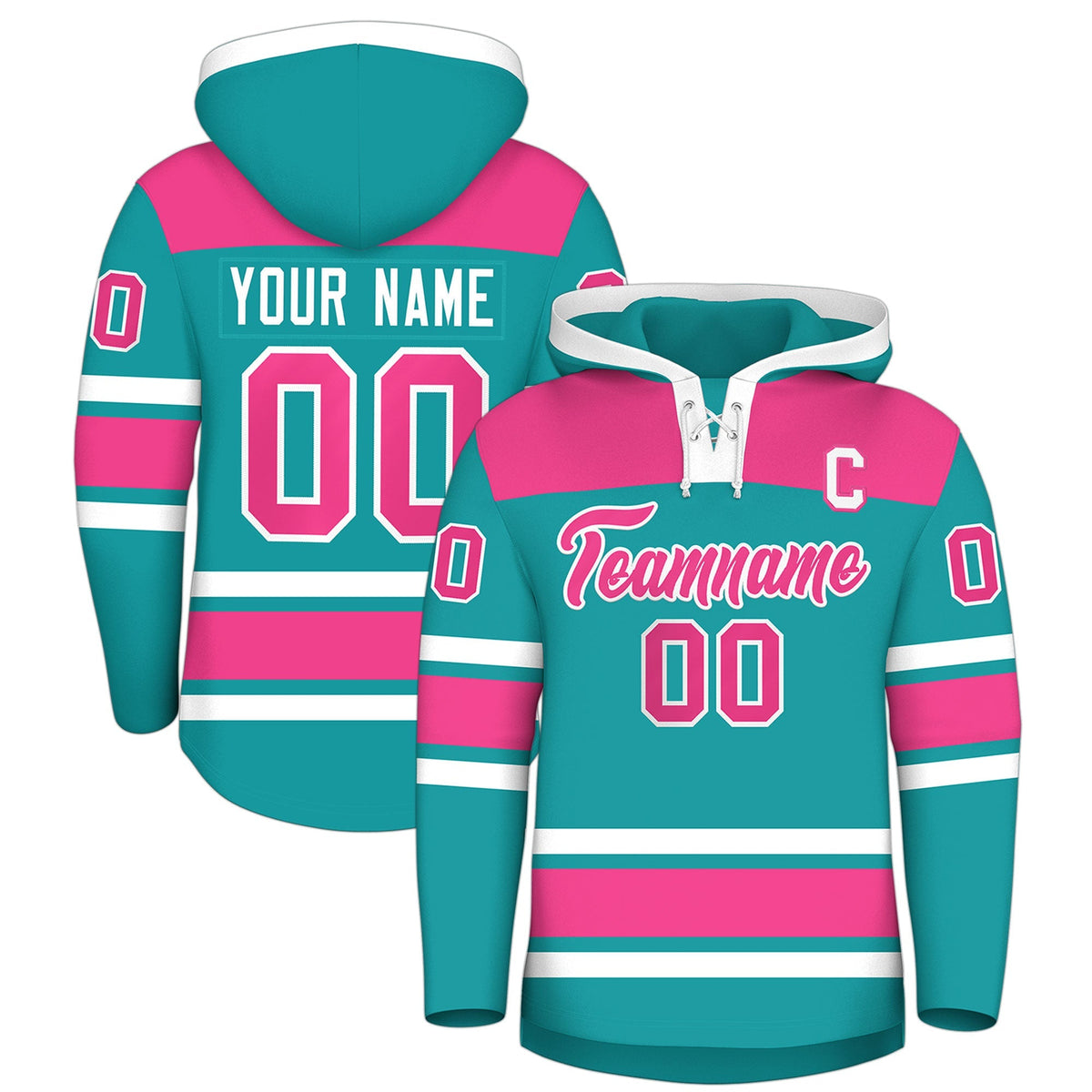 Custom Hockey Hoodie Jersey Aqua Pink Raglan Sleeves Lace-Up Neck Classic Team Colors Hoodie