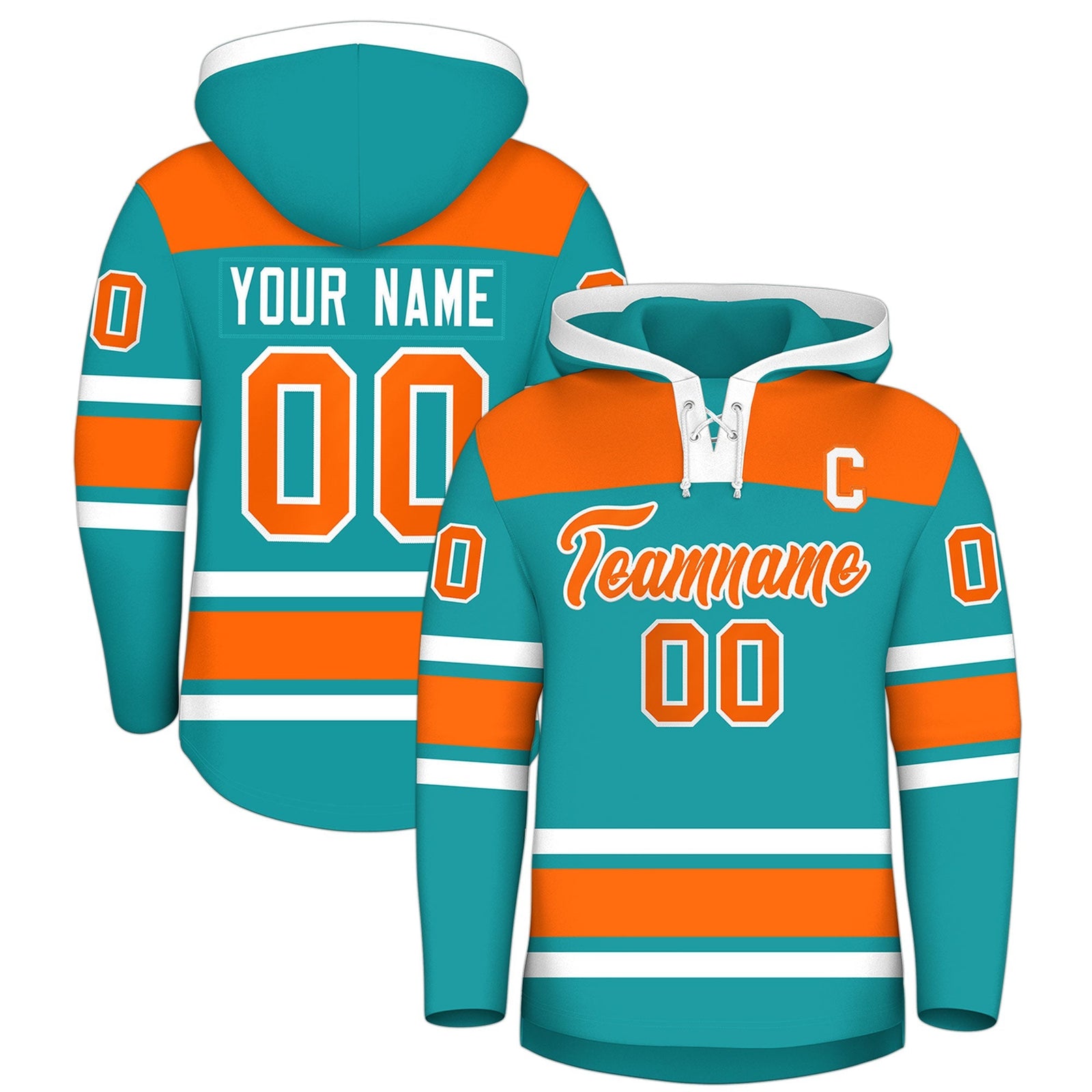 Custom Hockey Hoodie Jersey Aqua Orange Raglan Sleeves Lace-Up Neck Personalized Jersey for Men & Youth