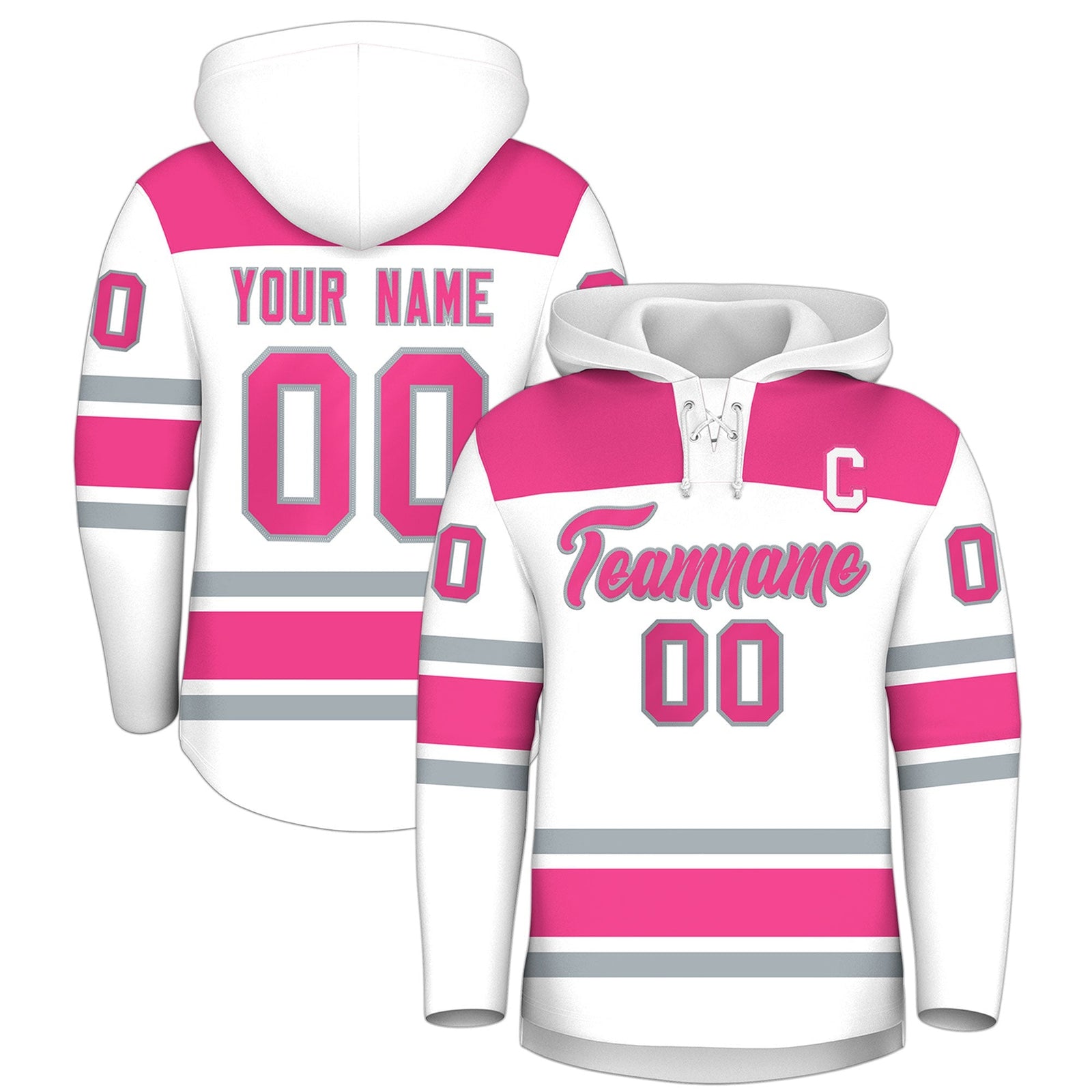 Custom Hockey Hoodie Jersey White Pink Raglan Sleeves Lace-Up Neck Personal Name & Number & Logo