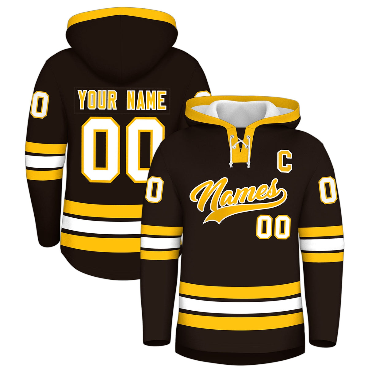 Custom Hockey Hoodie Jersey Brown Gold Classic Style Add Name,Number &amp; Logo