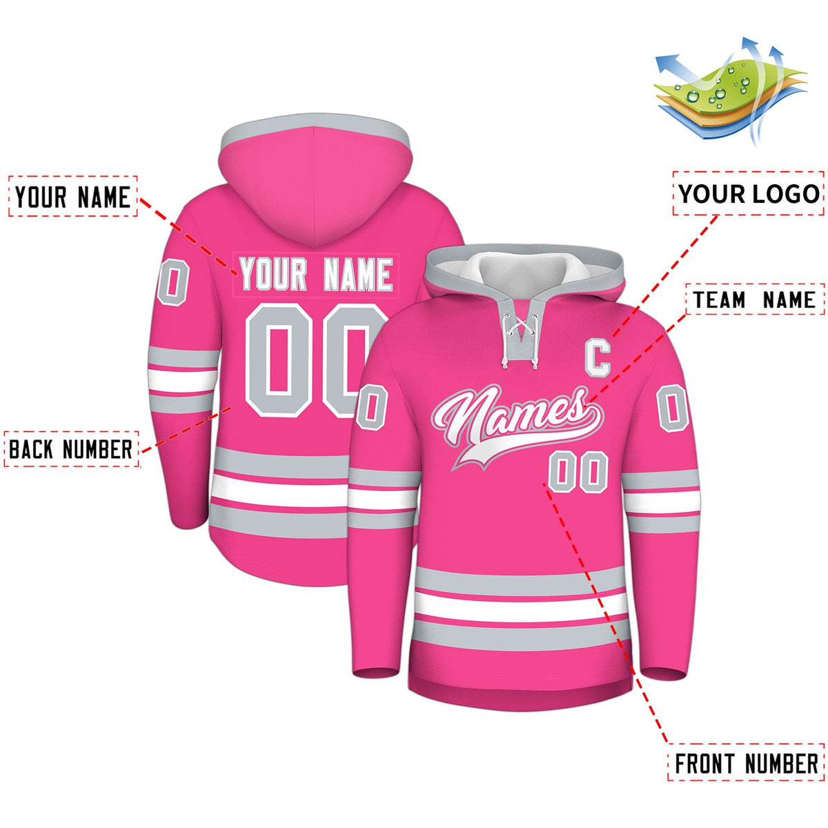 Custom Hockey Hoodie Jersey Pink Silver Classic Style Add Name,Number &amp; Logo