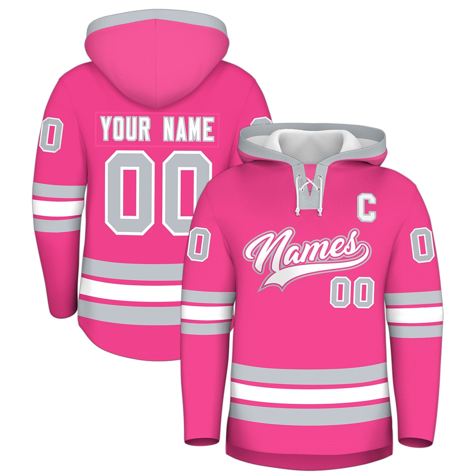 Custom Hockey Hoodie Jersey Pink Silver Classic Style Add Name,Number & Logo