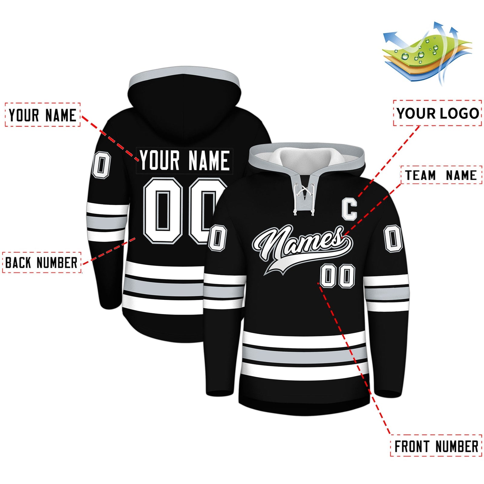 Custom Hockey Hoodie Jersey Black Silver Classic Style for Men&Youth
