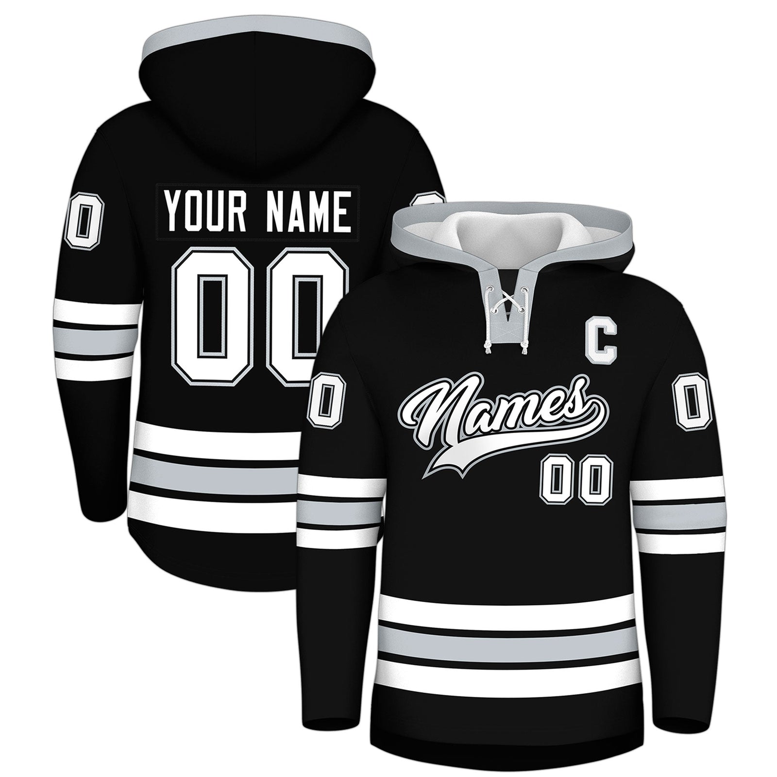 Custom Hockey Hoodie Jersey Black Silver Classic Style for Men&Youth