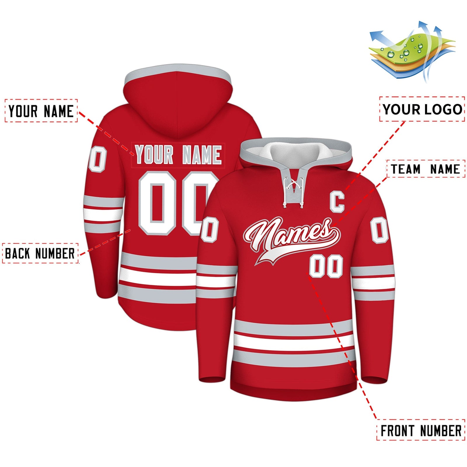 Custom Hockey Hoodie Jersey Red Silver Classic Style Add Name,Number & Logo