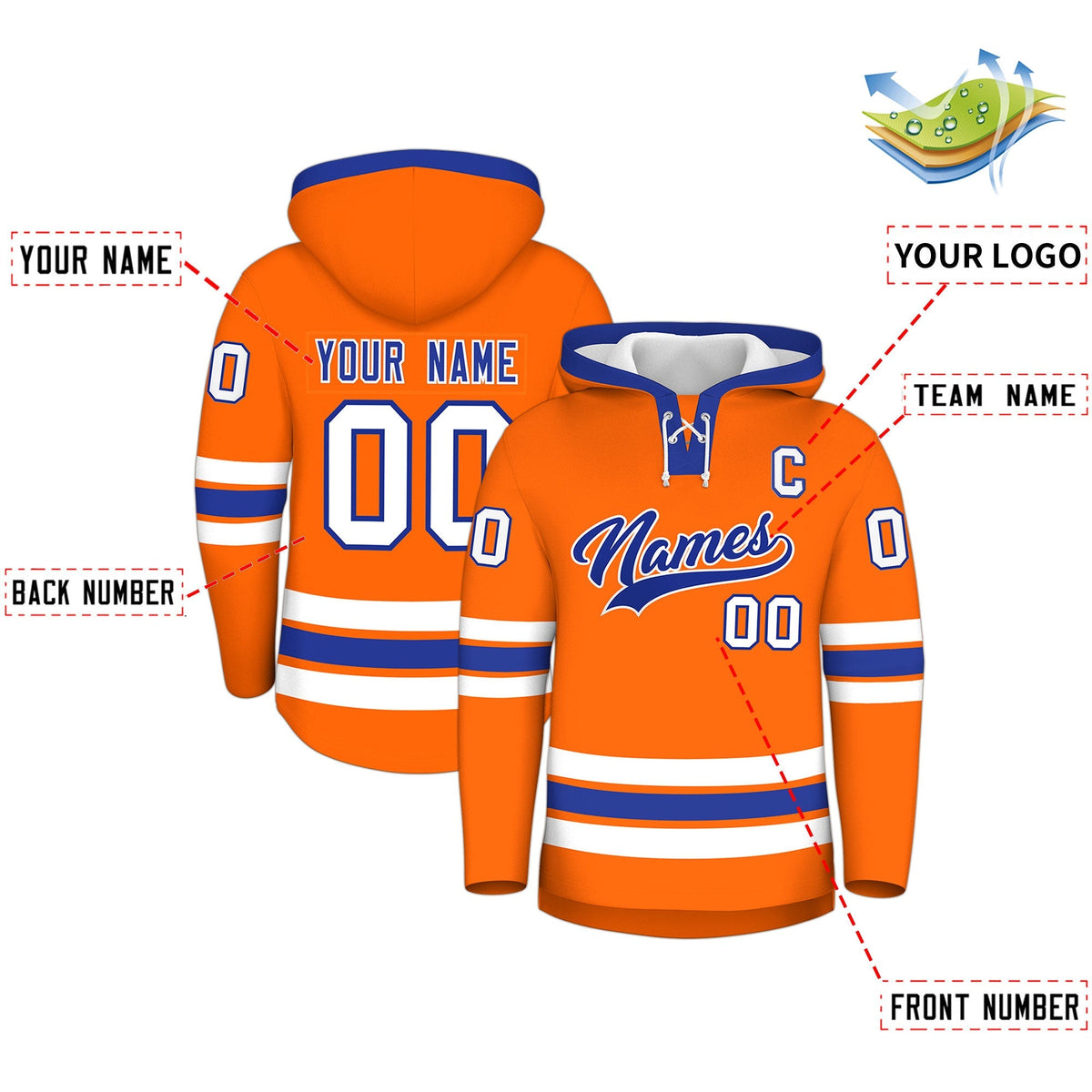 Custom Hockey Hoodie Jersey Orange Royal Blue Classic Style for Men&amp;Youth