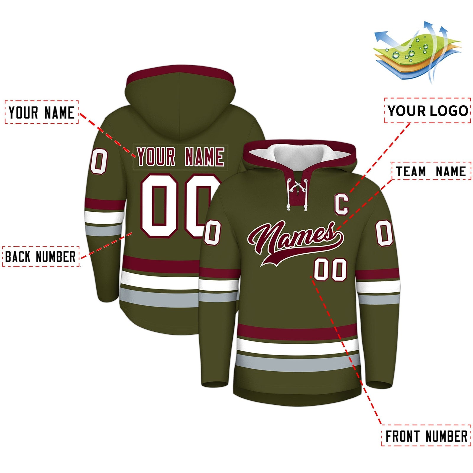 Custom Hockey Hoodie Jersey Olive Crimson Classic Style Add Name,Number & Logo