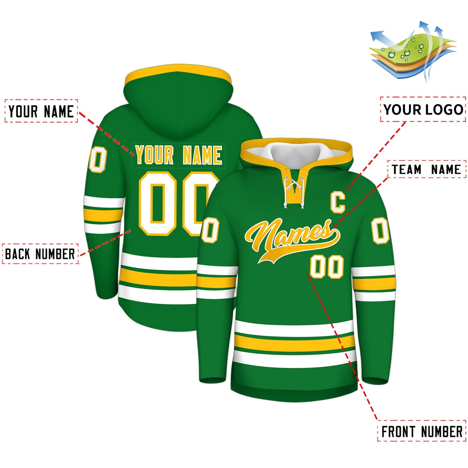 Custom Hockey Hoodie Jersey Kelly Green Gold Classic Style for Men&Youth
