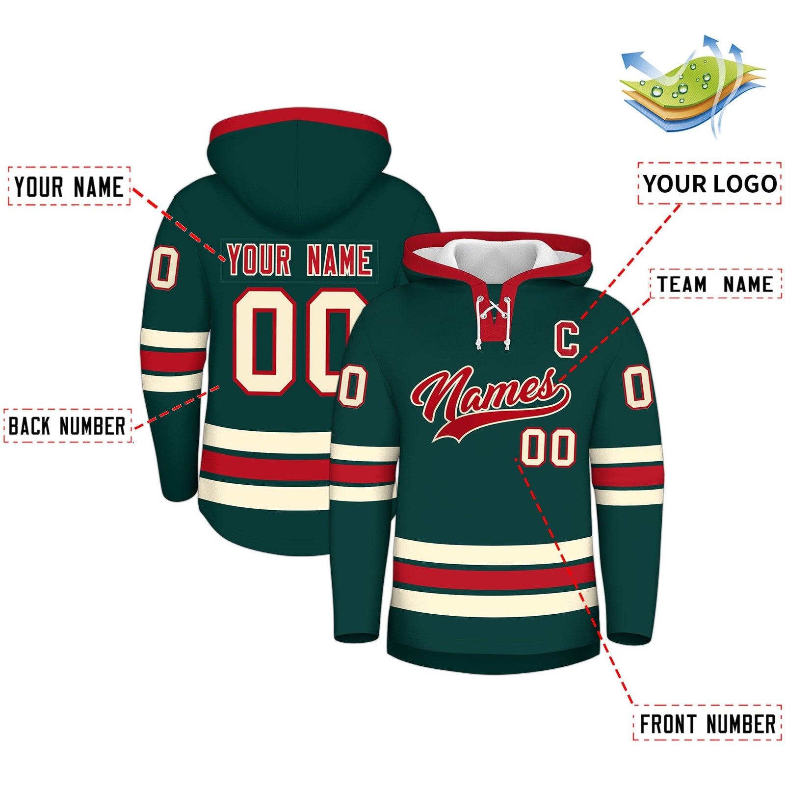Custom Hockey Hoodie Jersey Midnight Green Red Classic Style Add Name,Number & Logo