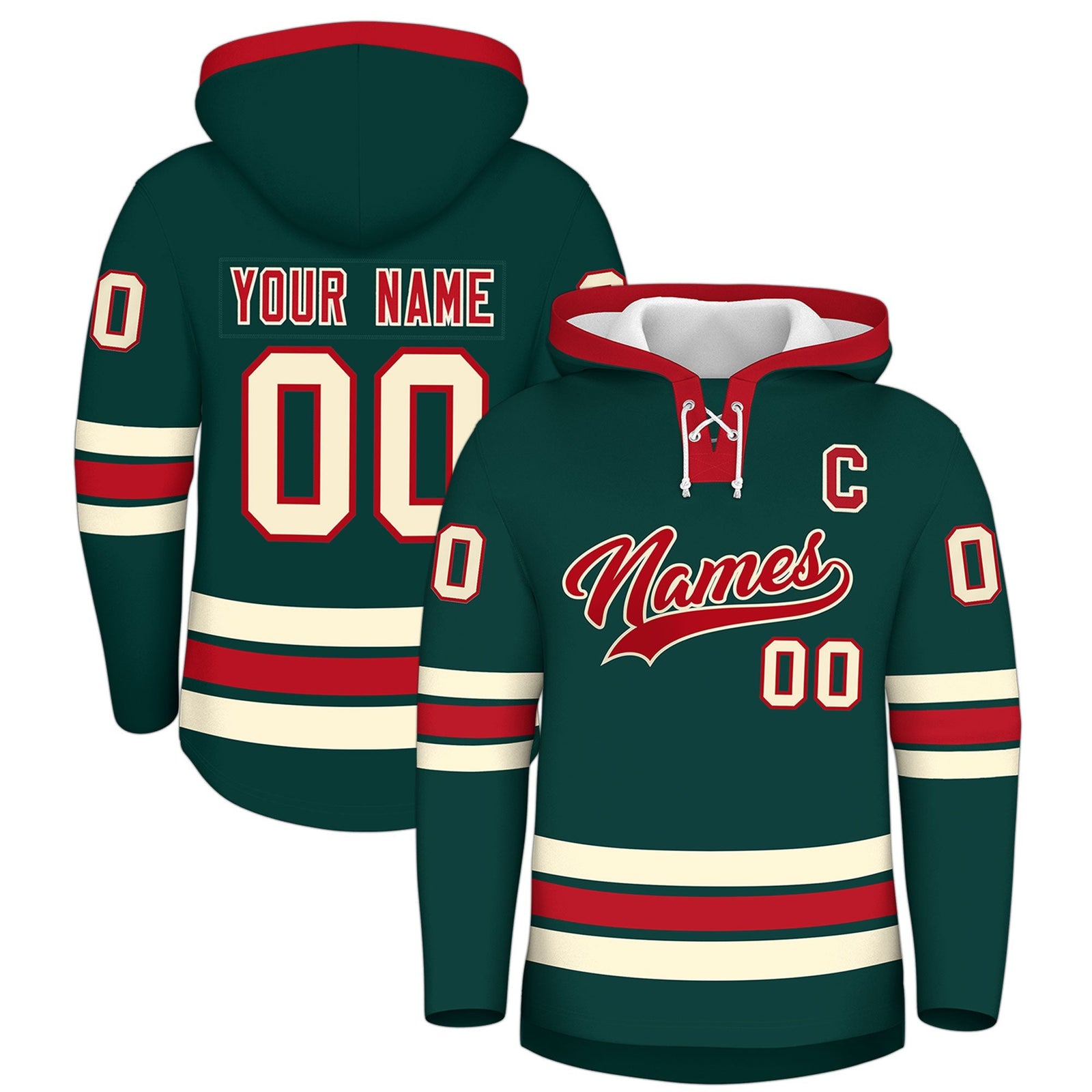 Custom Hockey Hoodie Jersey Midnight Green Red Classic Style Add Name,Number & Logo