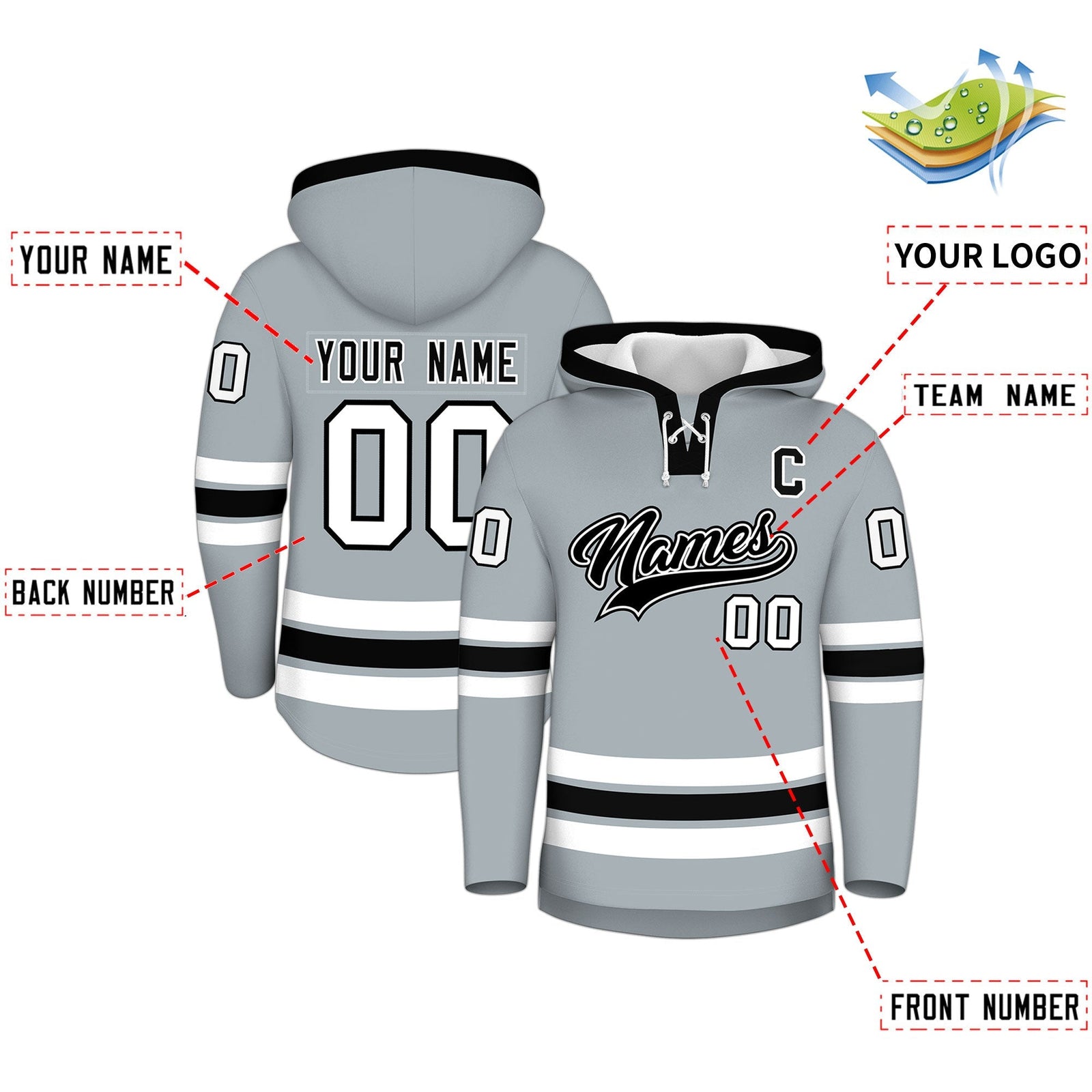 Custom Hockey Hoodie Jersey Silver Black Classic Style for Men&Youth