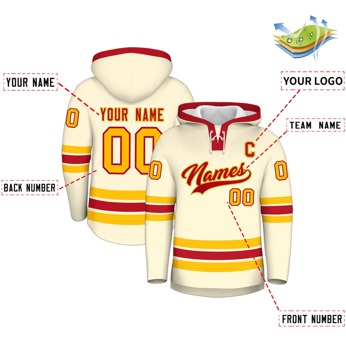 Custom Hockey Hoodie Jersey Cream Red Classic Style Add Name,Number &amp; Logo