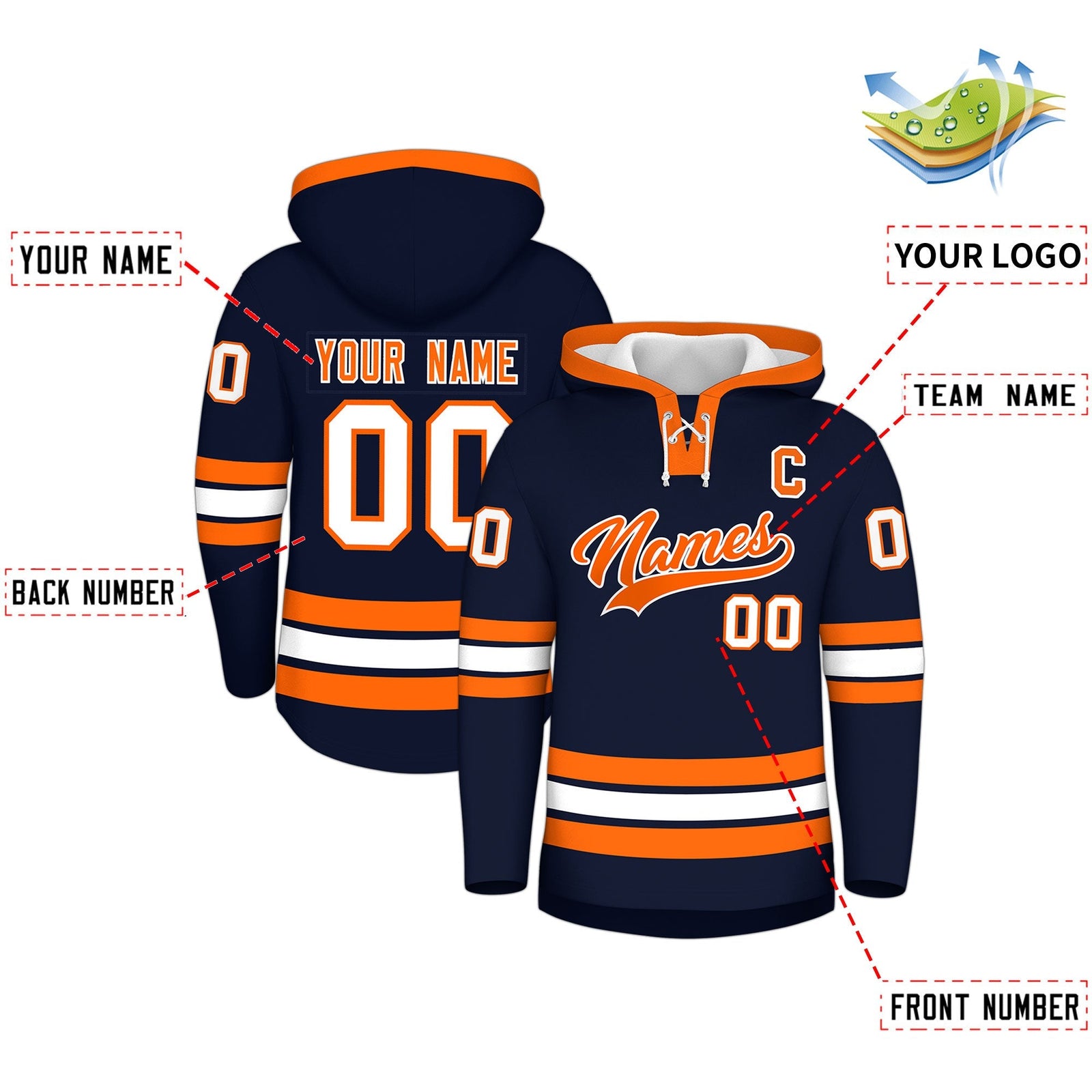 Custom Hockey Hoodie Jersey Navy Orange Classic Style for Men&Youth
