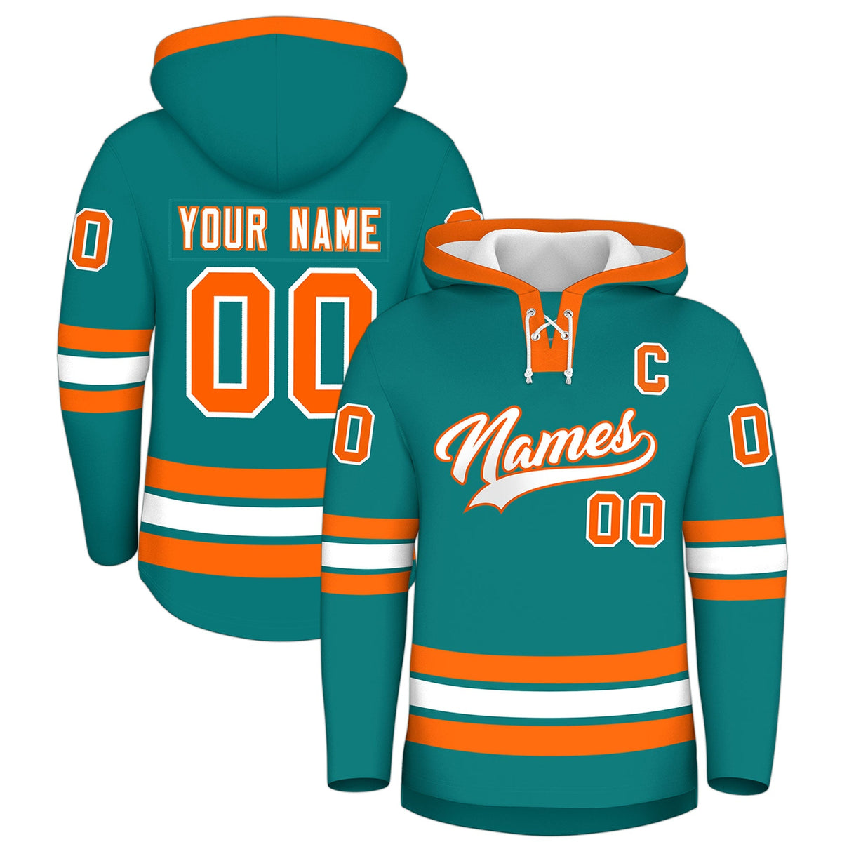 Custom Hockey Hoodie Jersey Teal Orange Classic Style Add Name,Number &amp; Logo