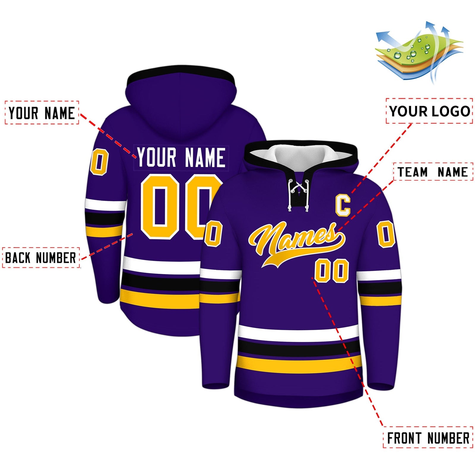 Custom Hockey Hoodie Jersey Purple Black Classic Style for Men&Youth