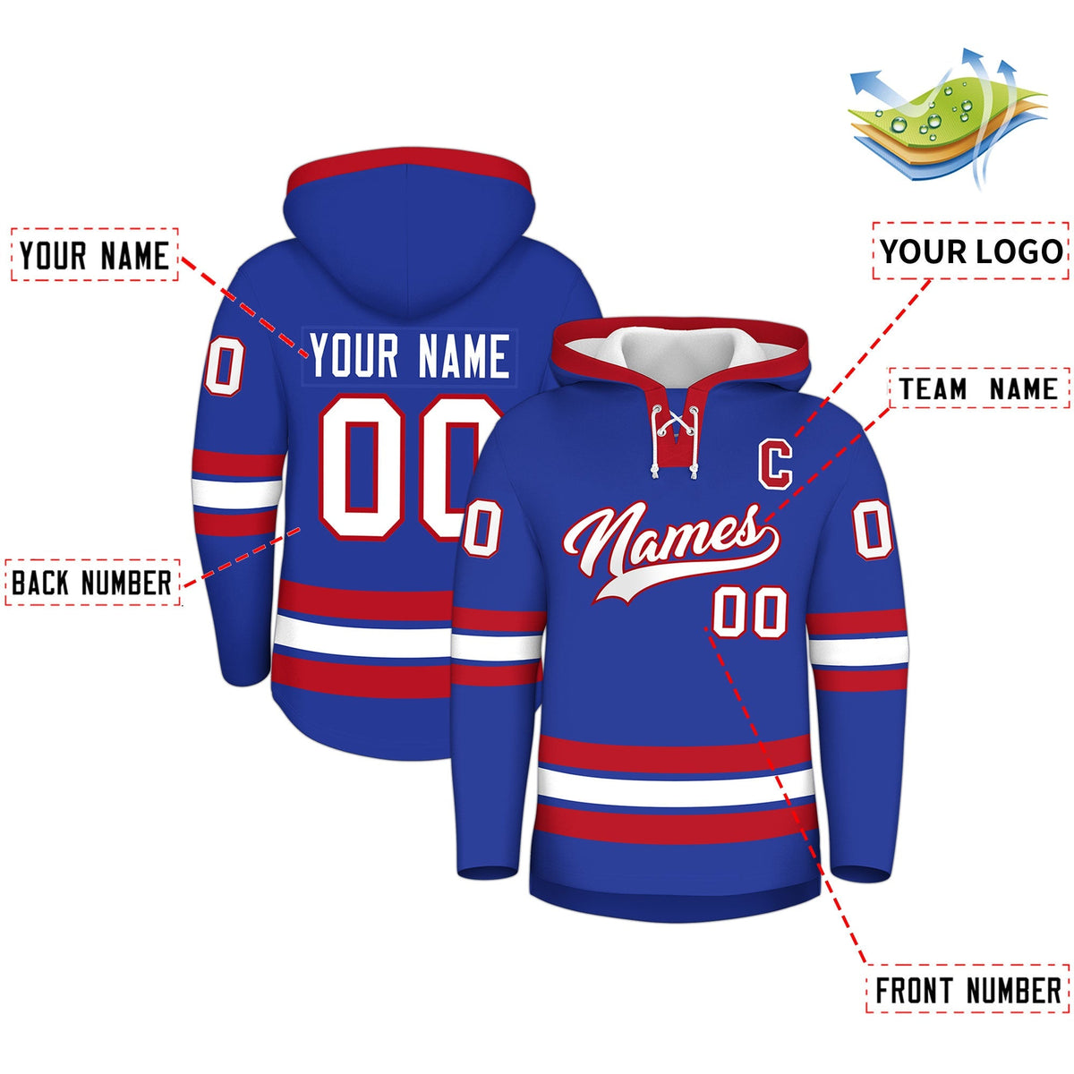Custom Hockey Hoodie Jersey Royal Blue Red Classic Style Add Name,Number &amp; Logo