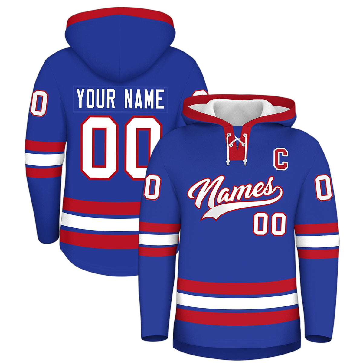 Custom Hockey Hoodie Jersey Royal Blue Red Classic Style Add Name,Number &amp; Logo